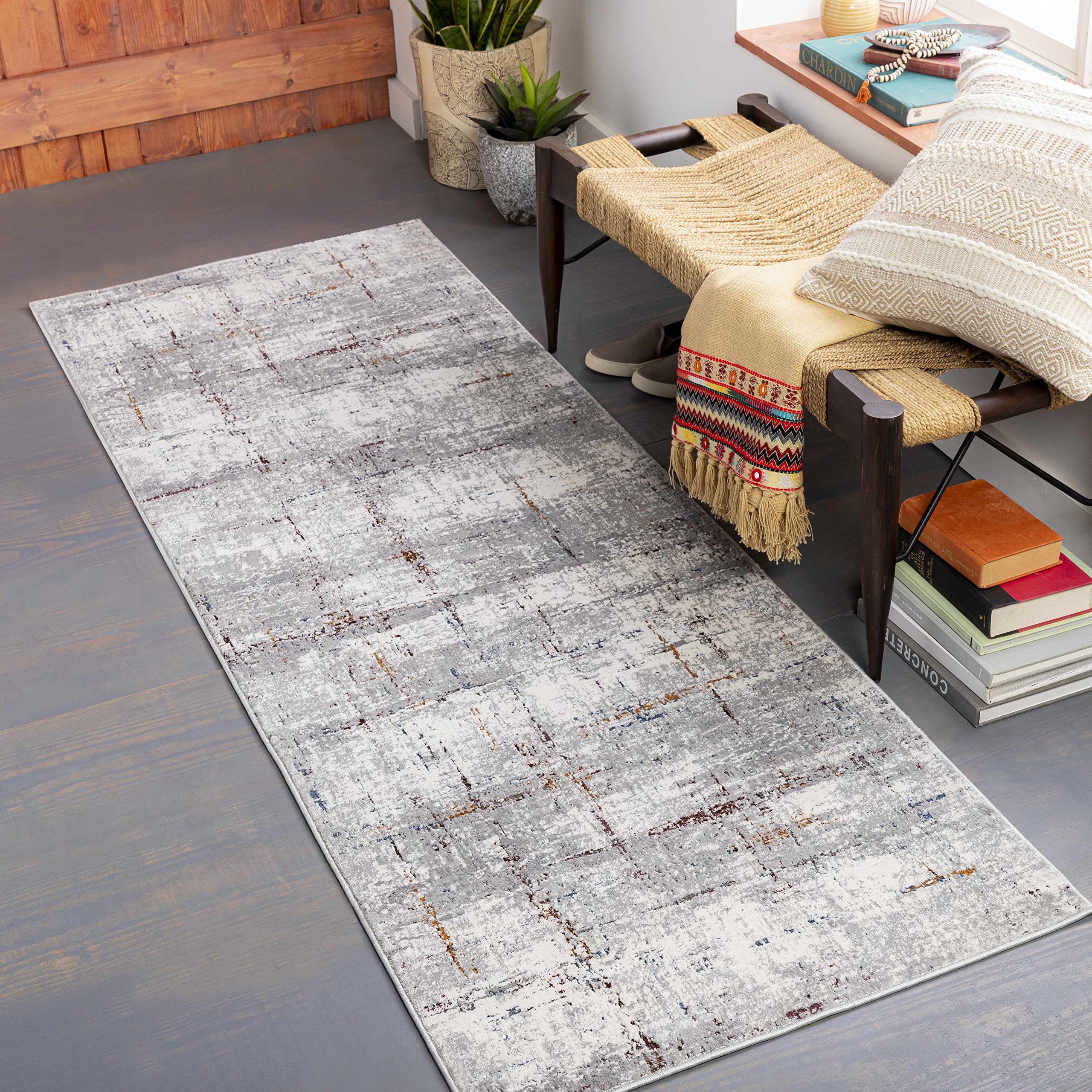 Hauteloom Concordia Modern Abstract Area Rug - Bohemian Distressed Neutral Carpet for Living Room, Bedroom, Dining Room - Gray, Beige, Orange, Red - 5'3