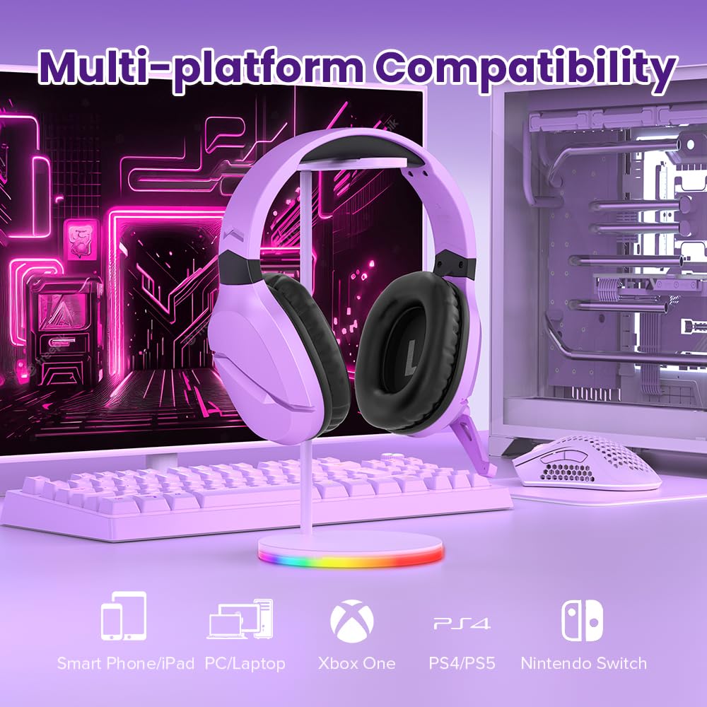 Wireless Gaming Headset with Noise Canceling Mic for PS5, PC, PS4 - 2.4G/Bluetooth Headphones with USB & Type-C - Wired Controller Mode (Purple) - Perfect for Competitive Gaming & Online Chat