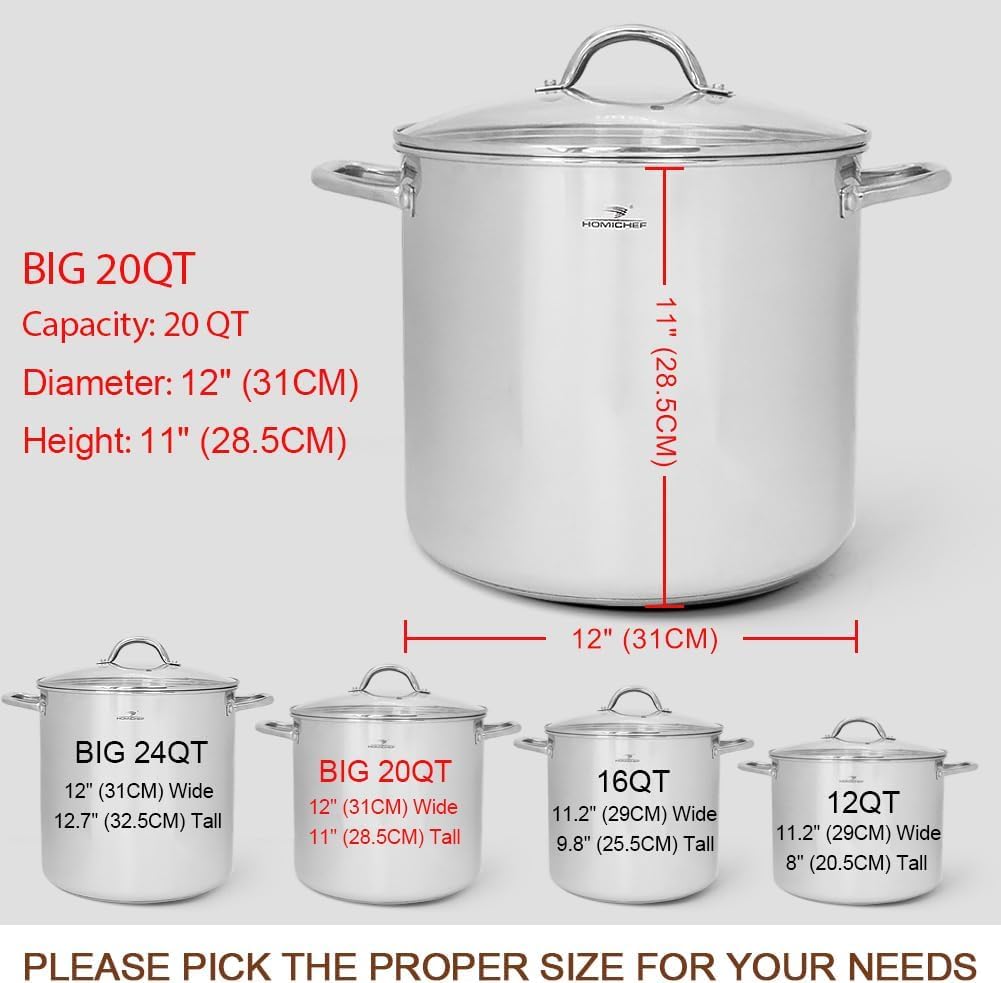 HOMICHEF 20 Quart Commercial Grade Stainless Steel Stock Pot with Lid - Nickel-Free Heavy Duty Induction Soup Cookware for Restaurants, Catering & Home Kitchens - Perfect for Soups, Stews, Pasta & Large Batch Cooking