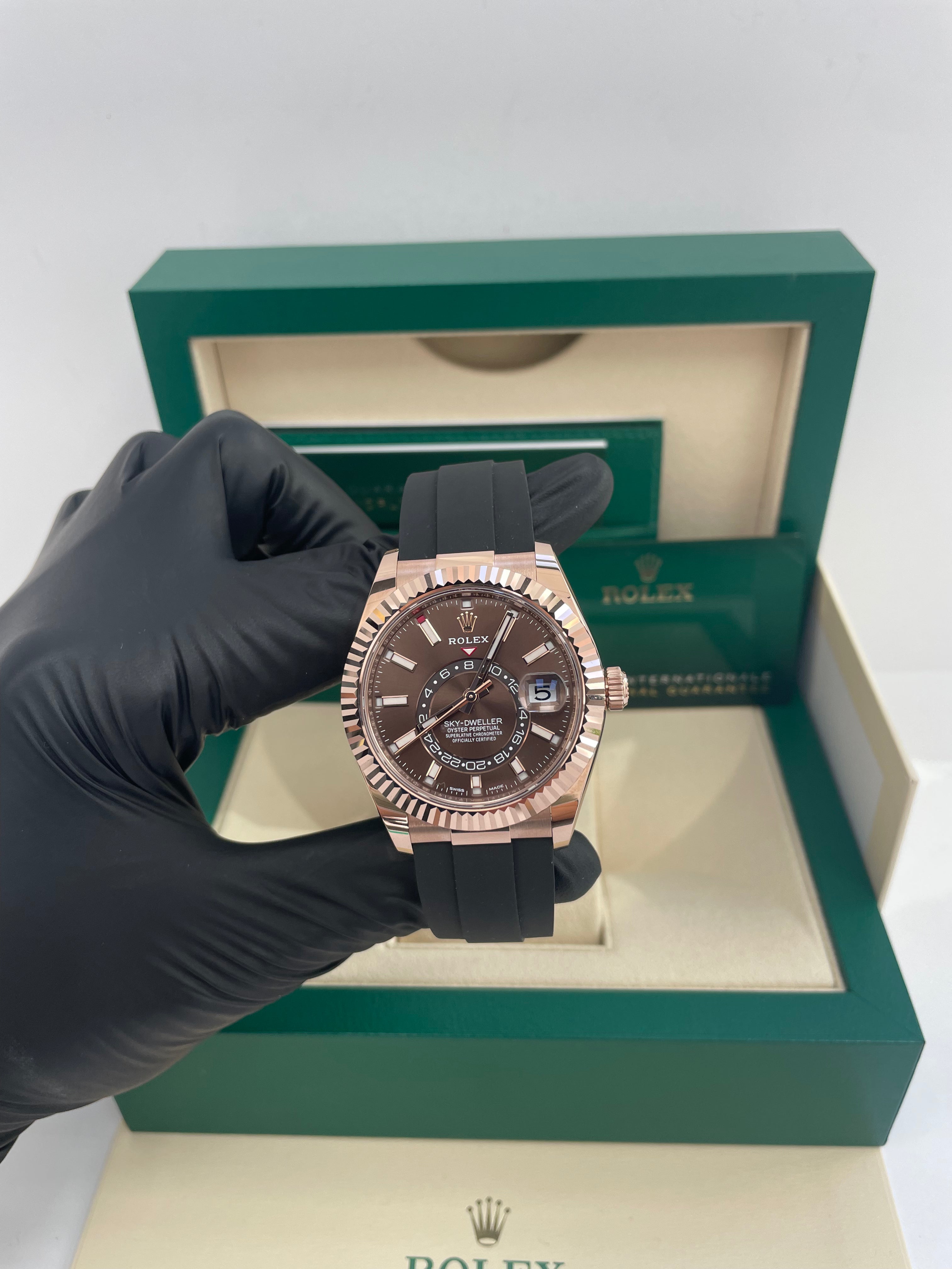 Rolex Sky-Dweller 42mm Rose Gold Watch with Chocolate Index Dial & Oysterflex Bracelet (Ref #326235) - Luxury Timepiece for Business Travelers & Watch Collectors