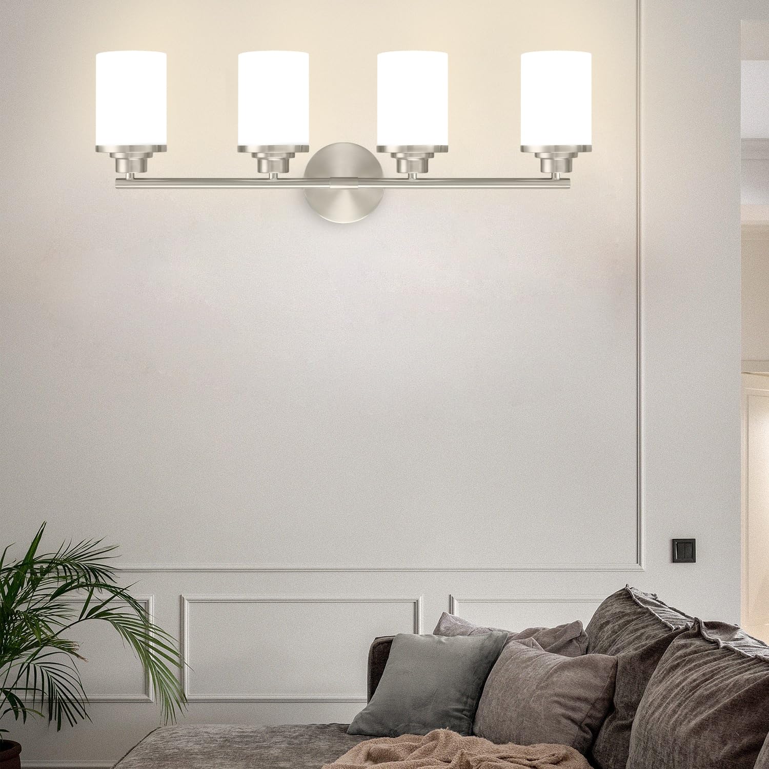 Modern Brushed Nickel Bathroom Vanity Light Fixture - 4-Light Frosted Glass Sconce for Mirror Lighting, Perfect for Bathroom, Powder Room & Dressing Room Makeup Area