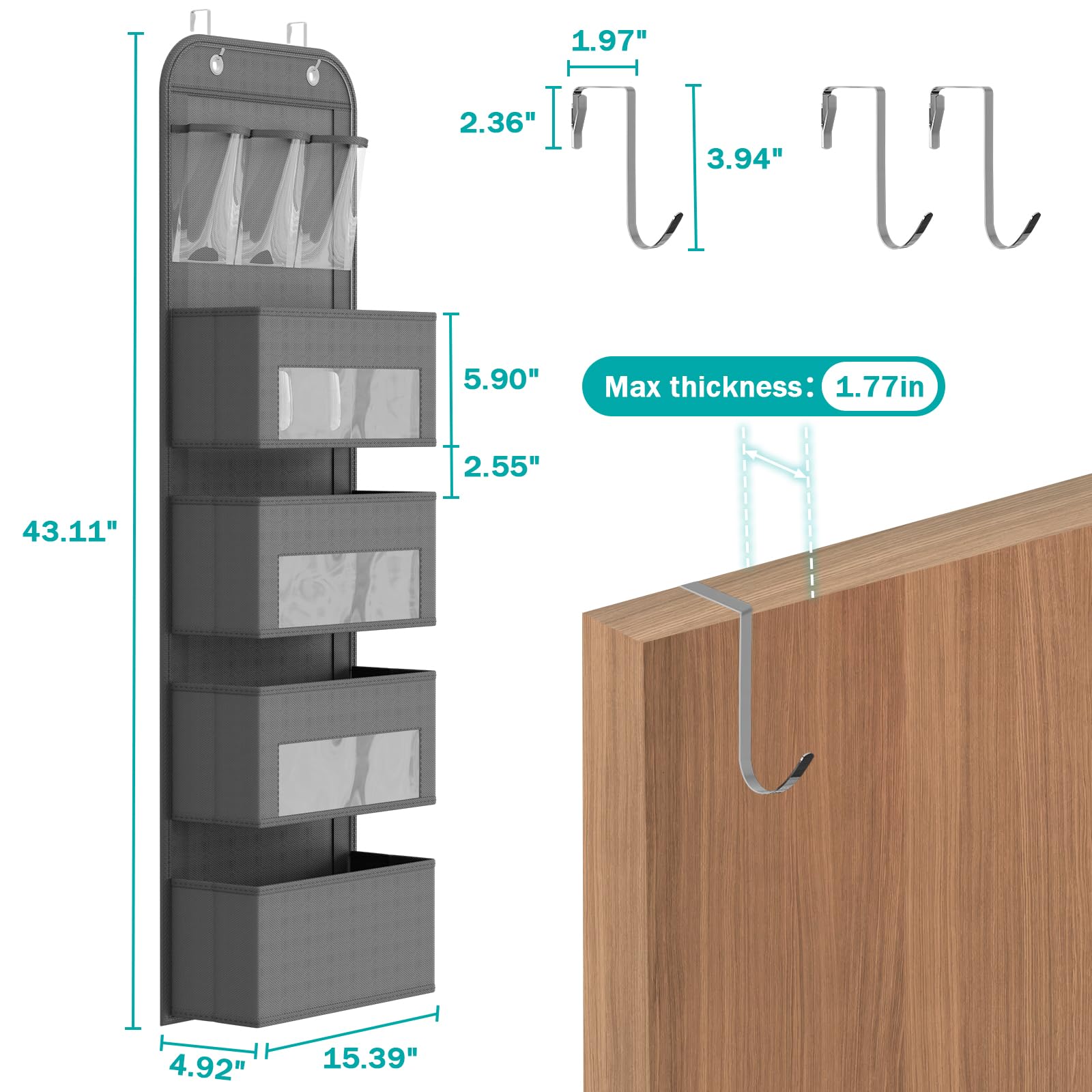 Over The Door Organizer with 4 Shelves - Space Saving Hanging Storage for Nursery, Closet & Bathroom - Grey (Perfect for Baby Supplies, Toys & Bathroom Essentials)