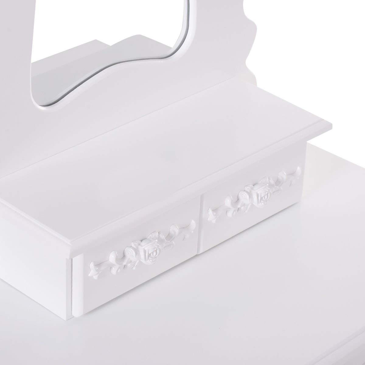 White Wooden Bathroom Vanity Set with Mirror & Makeup Stool - Modern Dressing Table for Small Spaces, Perfect for Makeup, Skincare, and Hair Styling