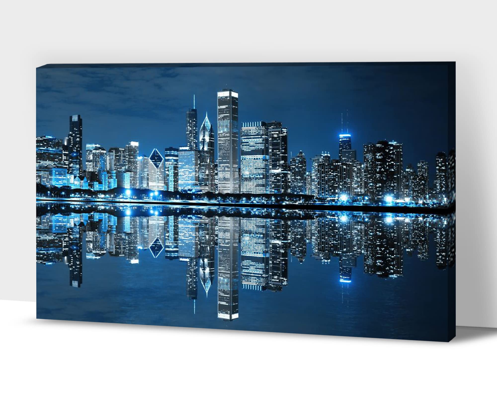 Blue Chicago Skyline Canvas Wall Art - Modern Cityscape Photography Framed Painting (32x48 Inches) for Living Room, Bedroom & Office Decor | Night View Urban Landscape Home Décor