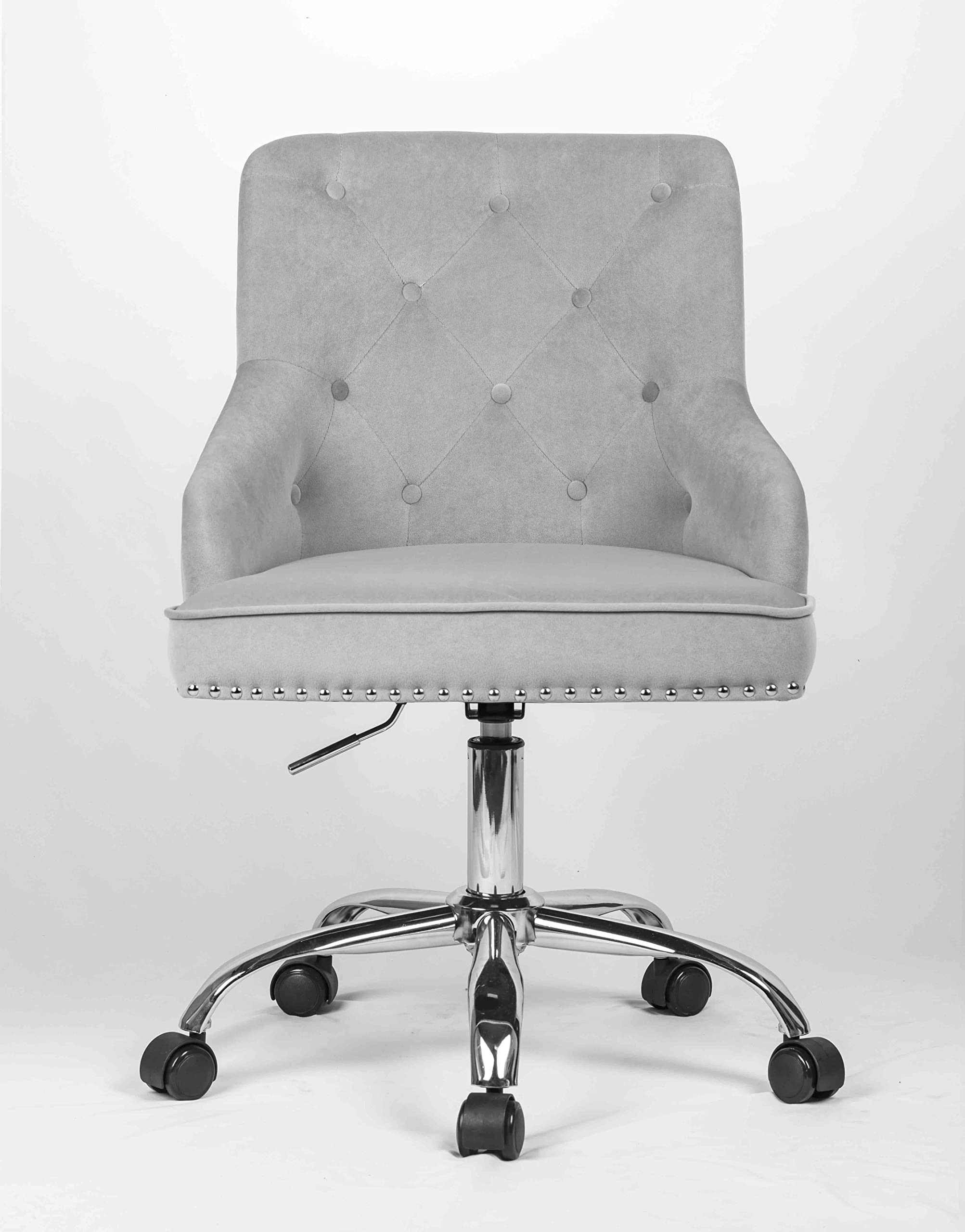 Luxury Velvet Office Chair with Tufted Back & Nailhead Trim - Adjustable Swivel Computer Desk Chair with Arms - Elegant Grey Vanity Chair for Home Office, Bedroom & Dressing Room