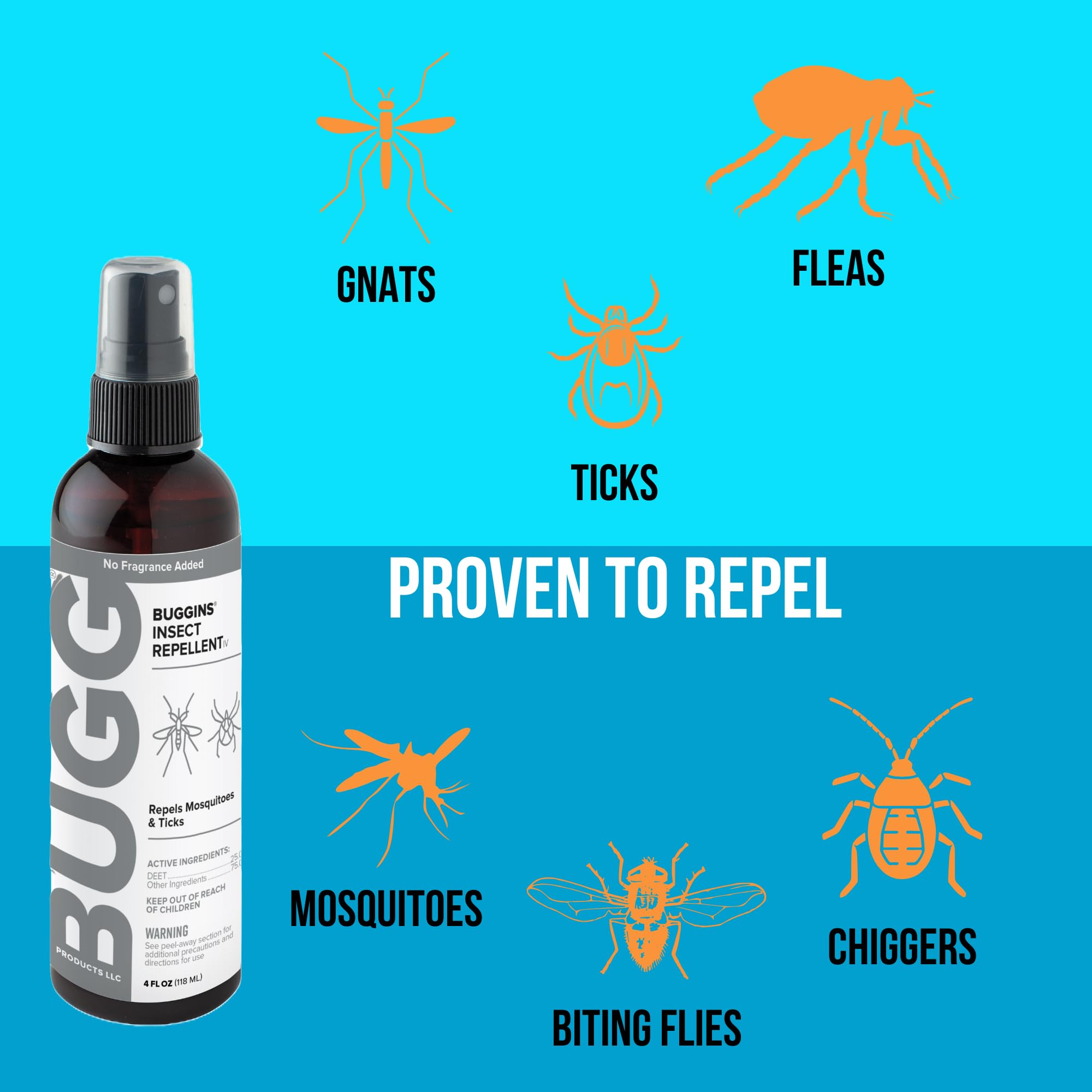 BUGGINS IV No Fragrance Added Insect Repellent Spray - 25% DEET Formula for Mosquitoes, Gnats, Ticks & Biting Flies - 4 oz Pump Bottle - Ideal for Camping, Hiking & Outdoor Activities