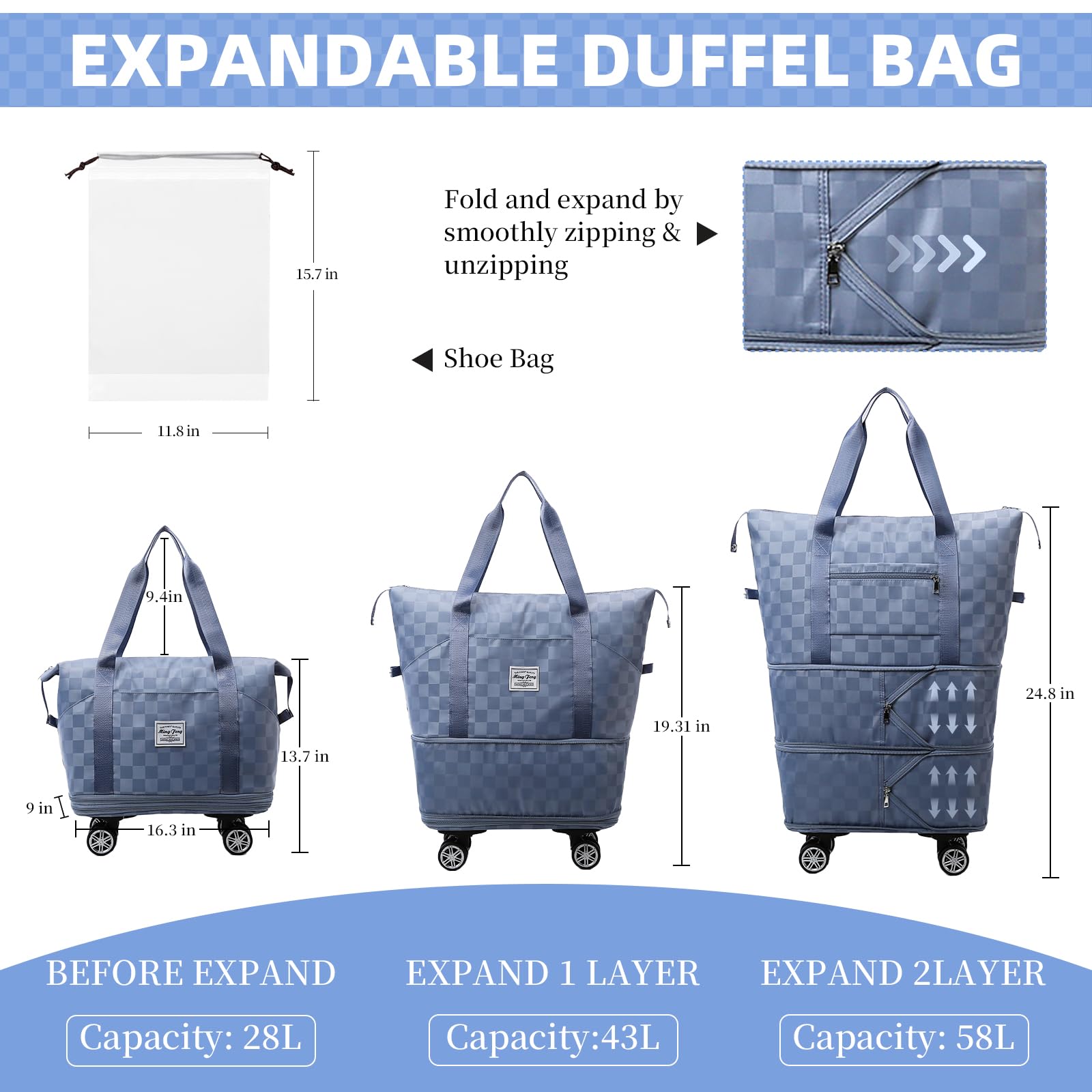 Expandable Rolling Duffle Bag with Wheels - Travel Luggage for Men & Women - Perfect for Weekend Getaways & Gym Use