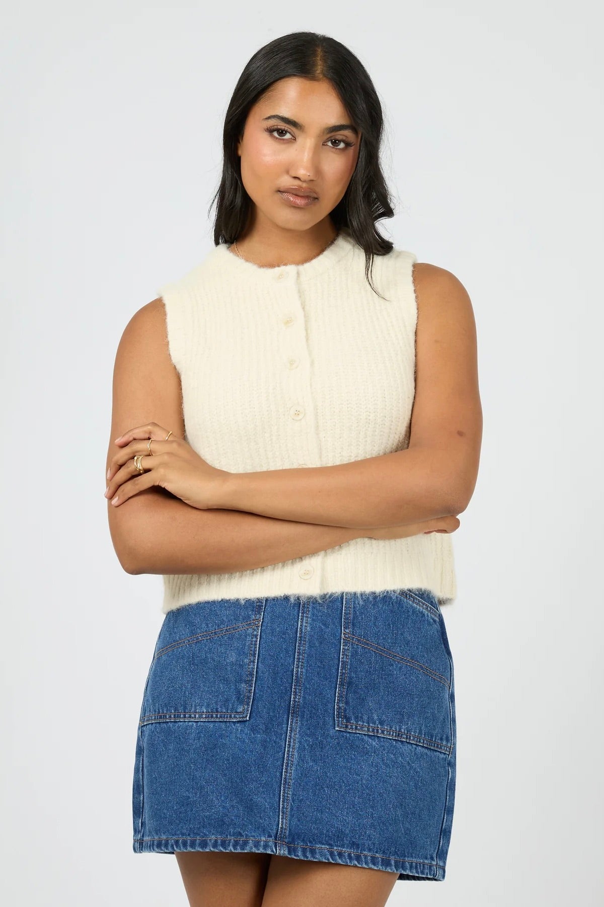 Aya Women's Vanilla Knit Button Through Vest - Cozy Layering Piece for Fall & Winter Outfits | Perfect for Casual Wear, Office & Date Nights