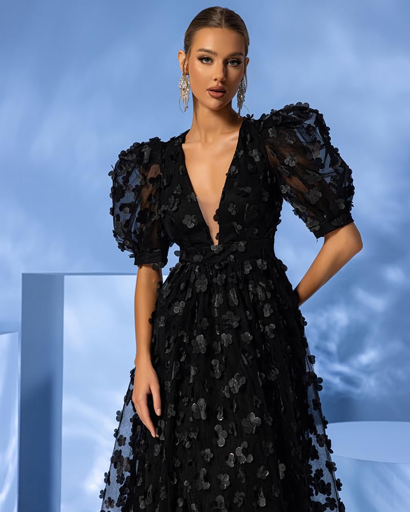 Elegant Women's Floral Tulle A-Line Prom Dress with Puffy Sleeves & V-Neck - Perfect for Evening Parties, Formal Events, and Special Occasions