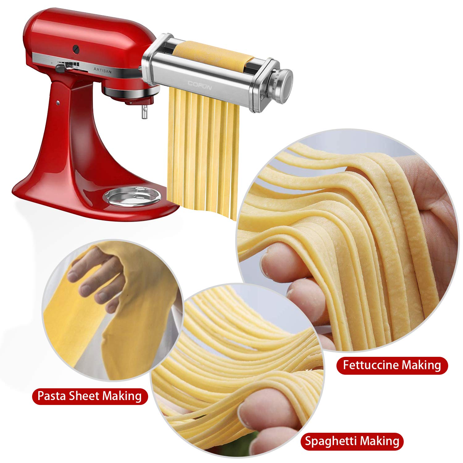 **KitchenAid Stand Mixer Pasta Attachment Set - 3-Piece Pasta Maker Kit with Roller & Cutter for Homemade Spaghetti, Fettuccine | Durable Noodle Accessories by Cofun | Perfect for Italian Cuisine & Family Cooking**
