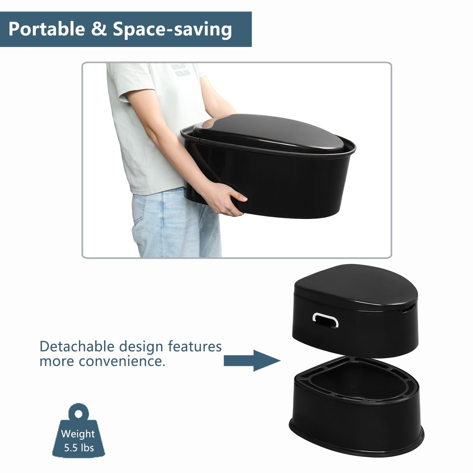 VINGLI Portable Toilet for Camping & Travel - Lightweight Compact Commode with Detachable Inner Bucket & Removable Paper Holder - Indoor Outdoor Toilet for RV, Boat, Van, Emergency, Hiking & Road Trips (Black)