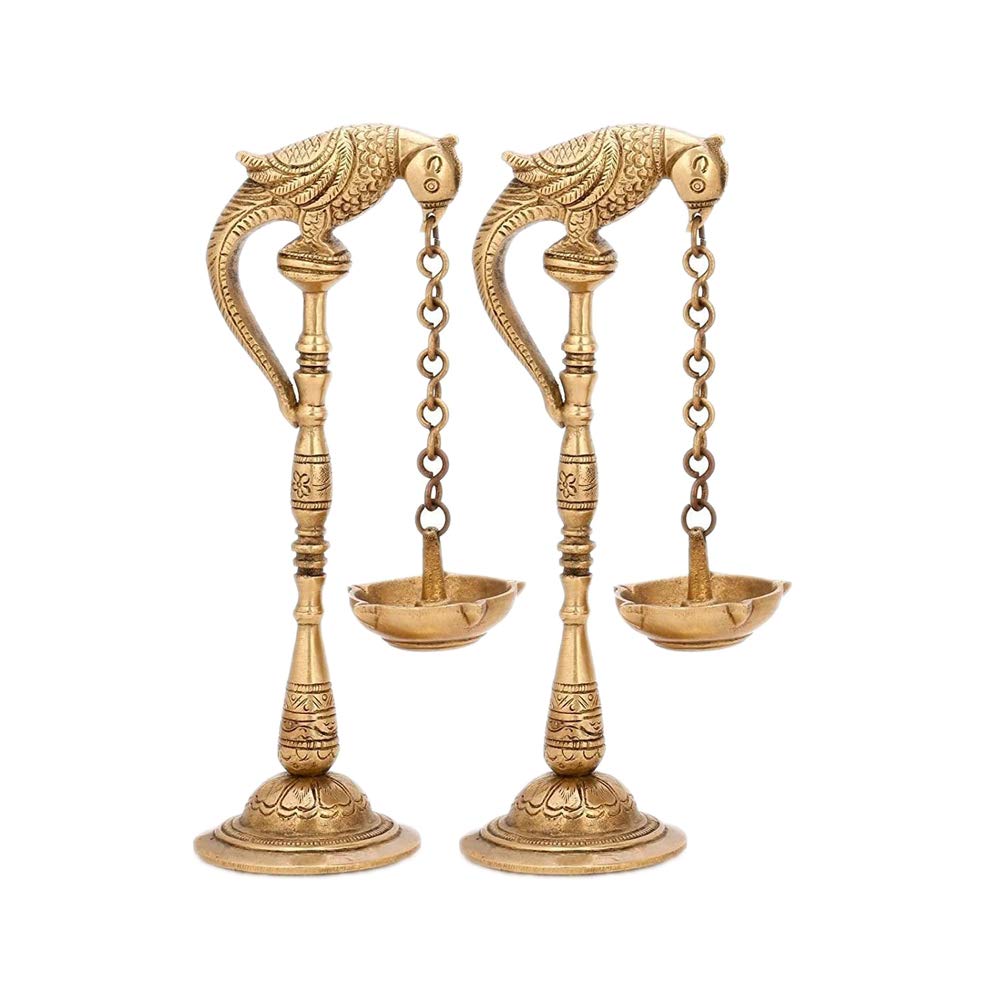 Brass Bird Diya Oil Lamp Stand - Hindu Puja Religious Decor, Feng Shui Gift & Home Temple Hanging Diya with Chain (Set of 4) - Perfect for Festivals, Meditation & Spiritual Decorations