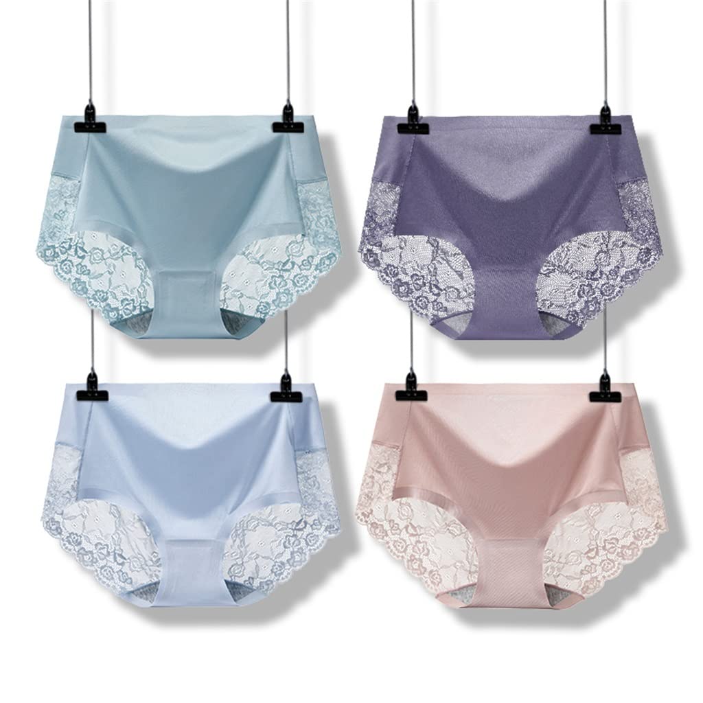 4 Pack Women's Mid Waist Lace Underwear - Ice Silk Soft Stretch Panties - Comfortable Breathable Ladies Underwear (Color A, Size L) for Everyday Wear, Sleep & Special Occasions