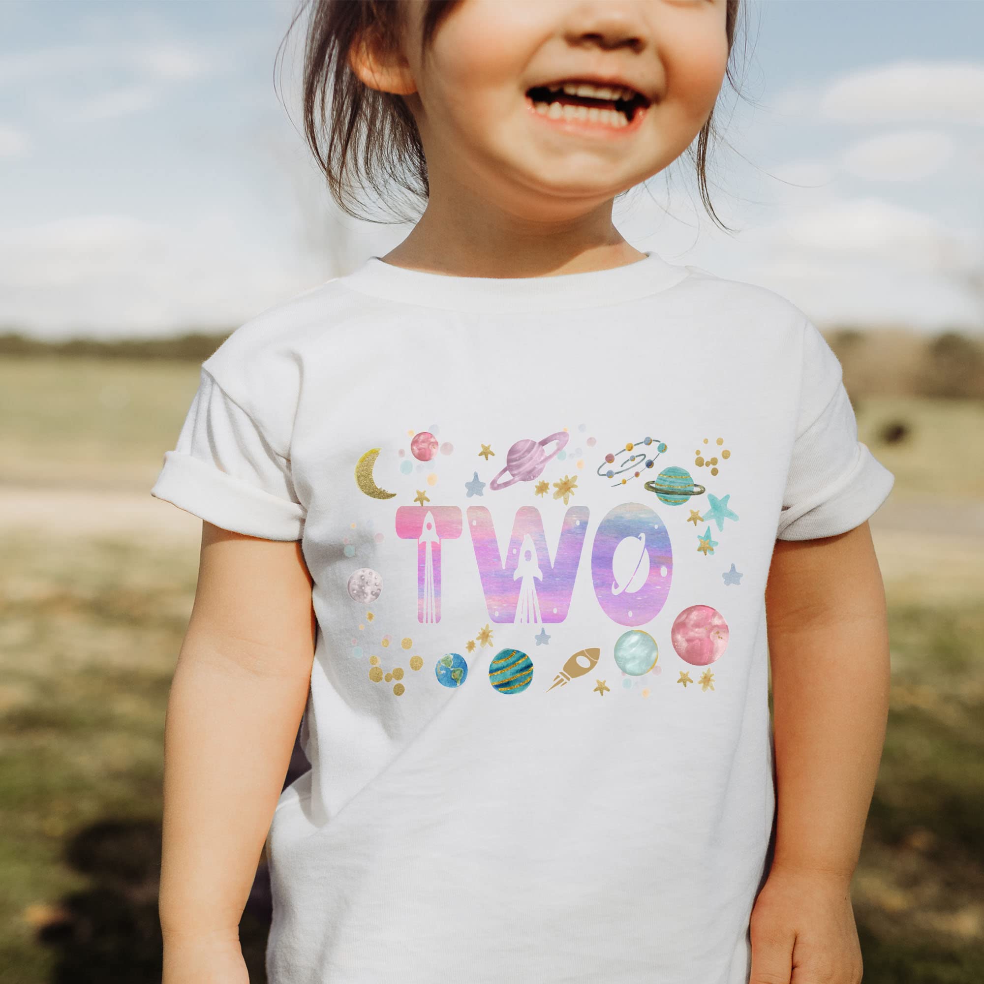 Space Two Birthday Shirt for Girls - Astronaut 2nd Birthday Party Outfit with Moon & Planets Design - Toddler Size 3 | Perfect for Space-Themed Birthday Parties & Photo Shoots