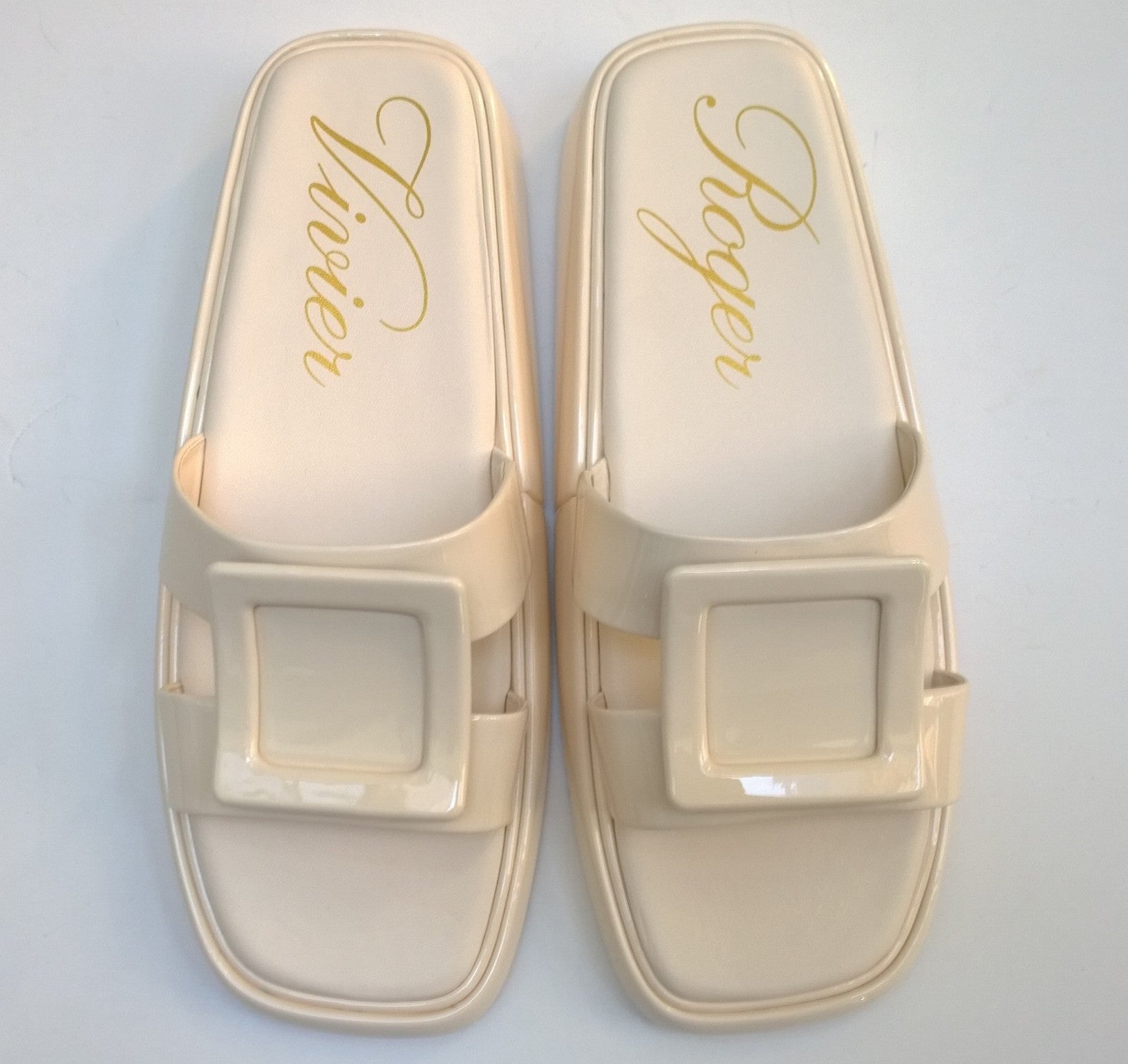Roger Vivier Women's 35mm Buckle Slide Mule Sandals - Cream Patent Leather Flats for Women | Perfect for Summer, Beach, and Casual Outings