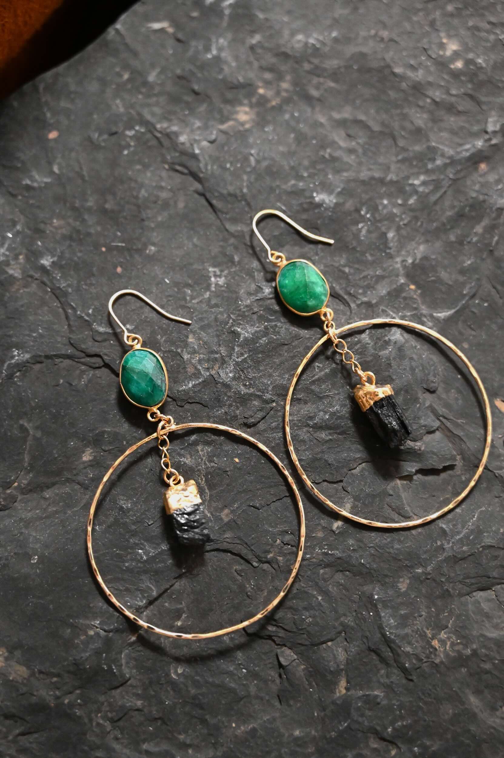 Open To Love Tourmaline Emerald Gold Hoop Earrings - Elegant Dangle Earrings for Women, 14K Gold Plated Gemstone Jewelry for Parties, Weddings & Special Occasions