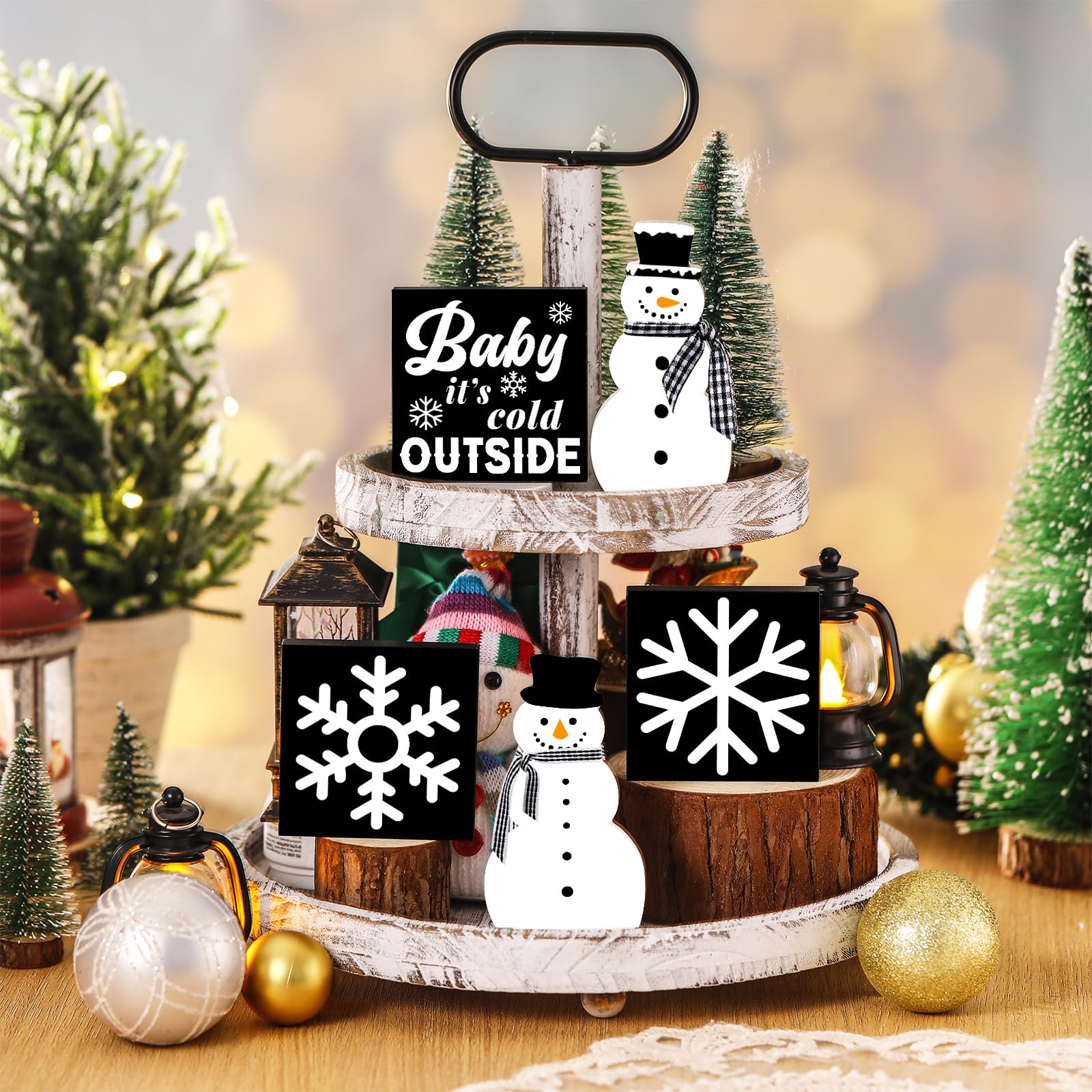 Soaoo 5-Piece Winter Farmhouse Decor Set - Snowman Tiered Tray Decor with Wooden Signs for Holiday Shelf, Kitchen, Coffee Bar & Home Table Decoration - Perfect for Christmas Gifts & Winter Home Styling (Snowflake Design)