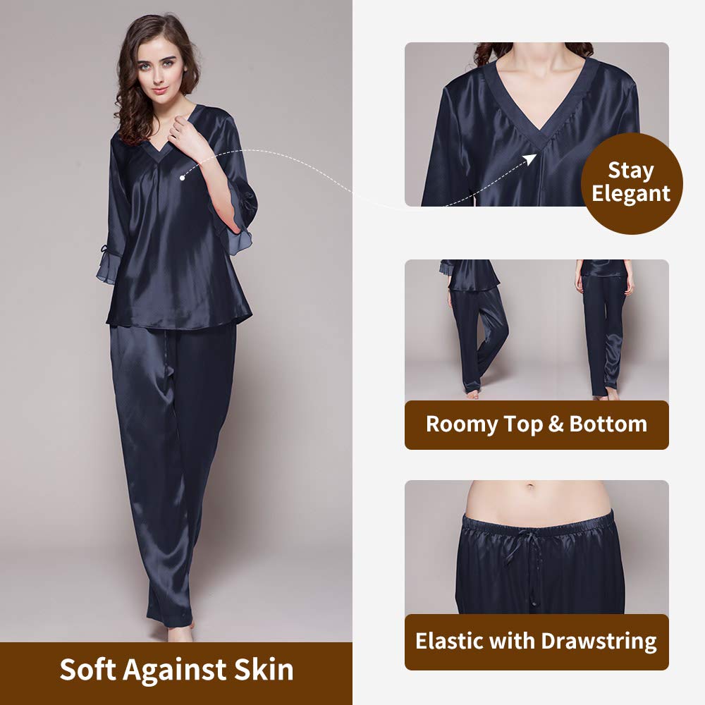 LilySilk 100% Mulberry Silk Pajama Set for Women - V-Neck 3/4 Sleeve Luxury Sleepwear | Soft & Breathable Silk Pajamas for Nightwear, Lounge Wear & Gift Giving