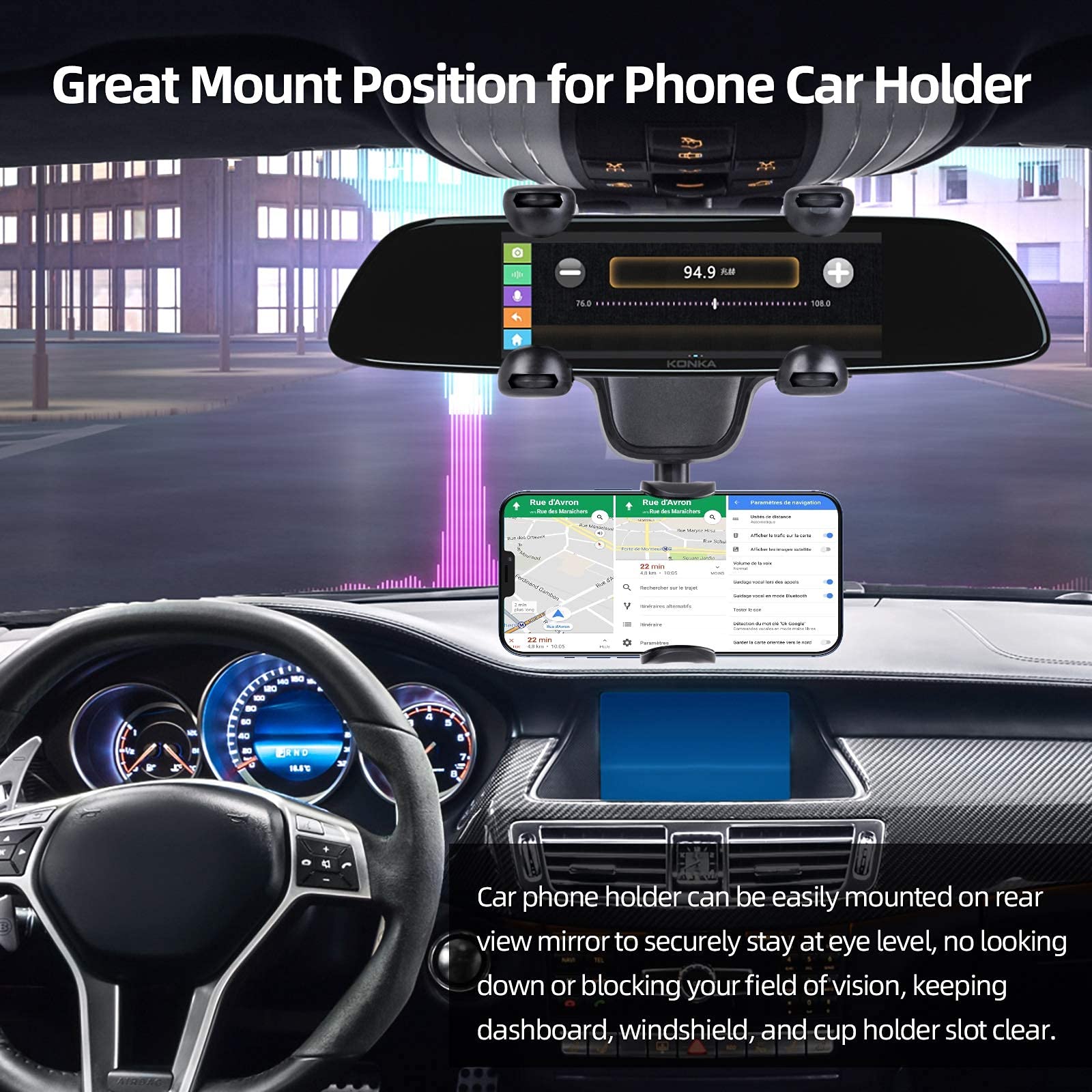 360° Swivel Car Phone Mount Holder for iPhone & Android - Universal Clip-On Rearview Mirror Phone Stand for 3.5-7