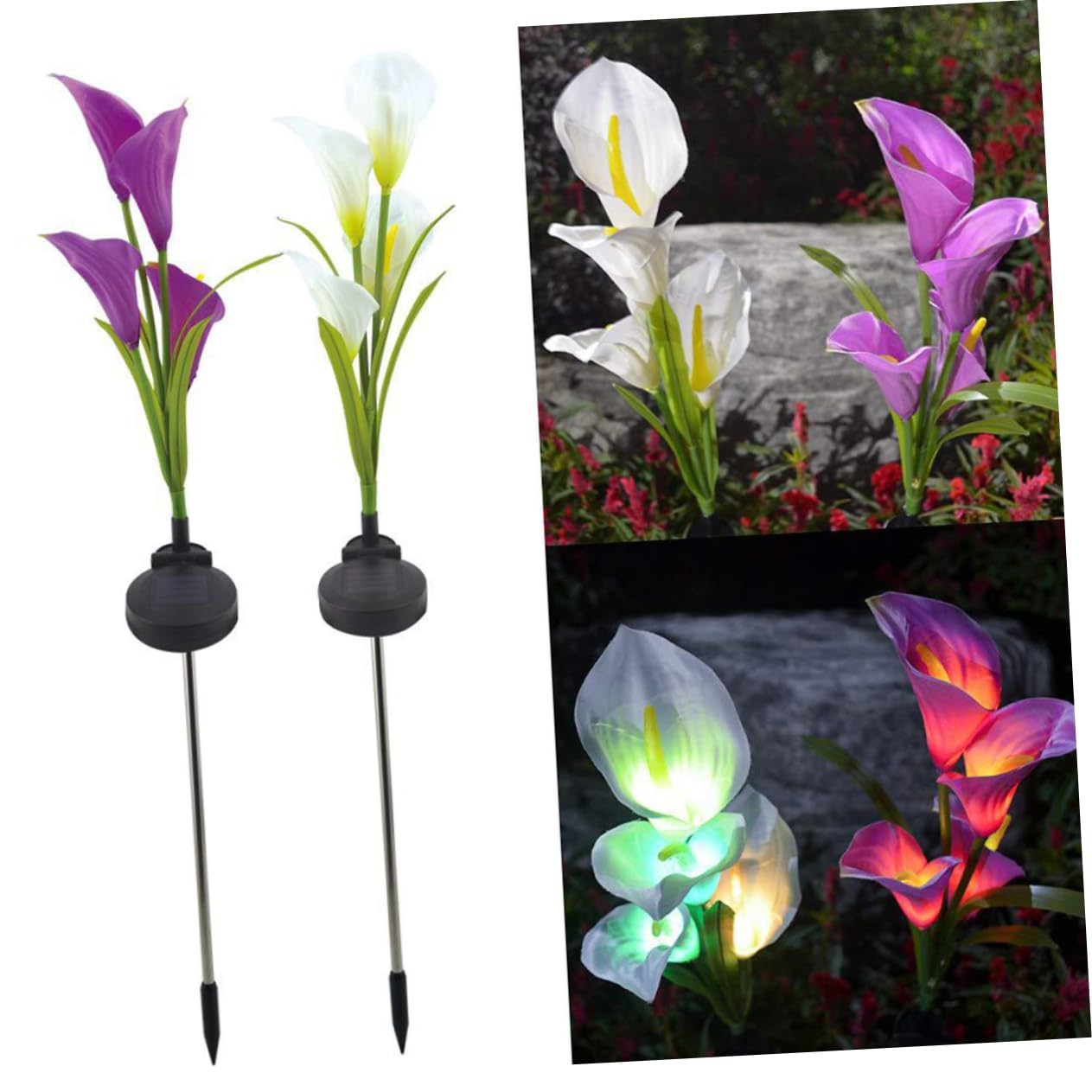 Solar Powered Calla Lily Garden Lights - 2 Pack White & Purple Outdoor Stake Lights for Lawn, Patio, Yard & Pathway Decoration | Weatherproof Solar Flower Lamps for Landscape, Backyard & Garden Decor