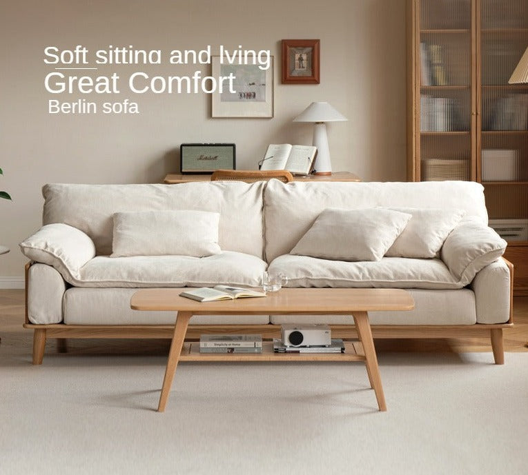 Premium Oak Solid Wood Sofa with High-Tech Fabric & Cotton Linen Finish - Modern Living Room Furniture for Home & Office Comfort