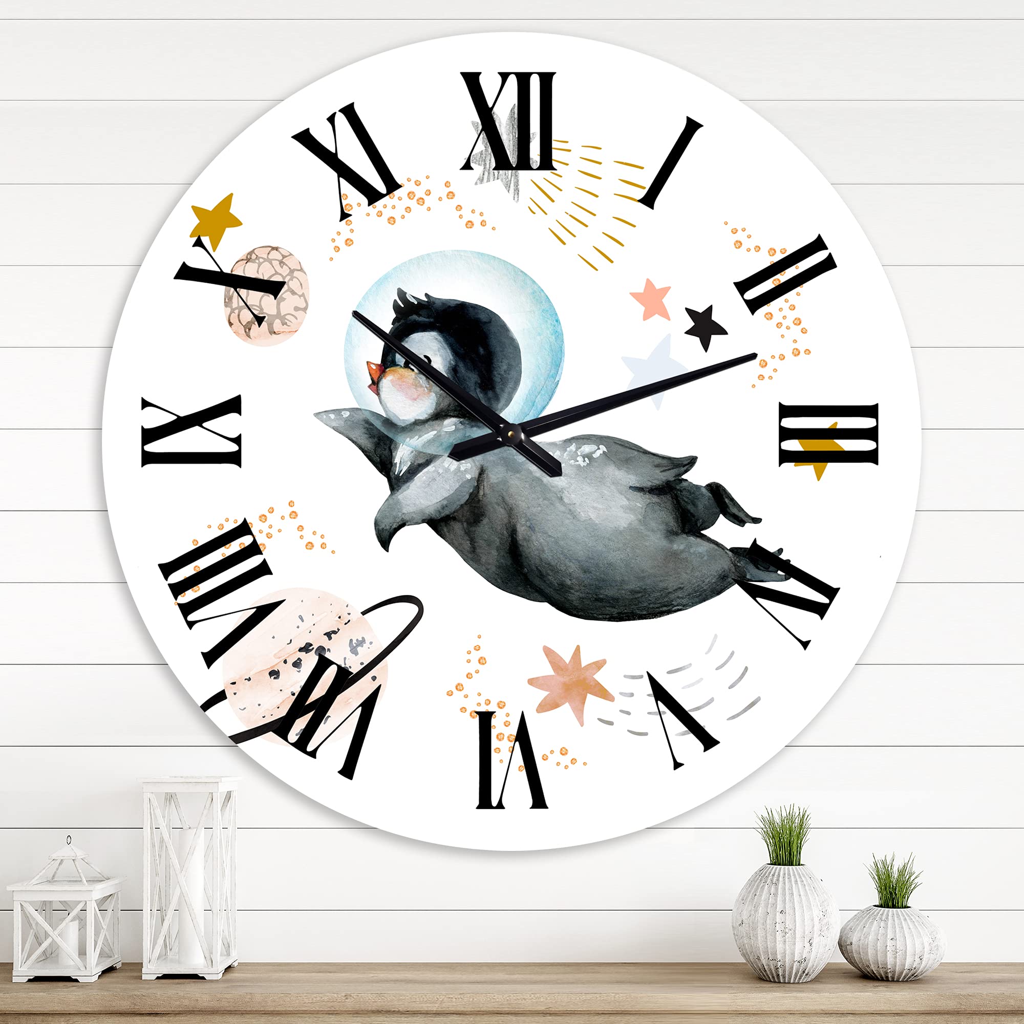 Farmhouse Wall Clock - Little Penguin Flying with Stars & Planets II, Large Animal-Themed Clock for Office & Home Decor | Perfect for Living Room, Bedroom, or Workspace