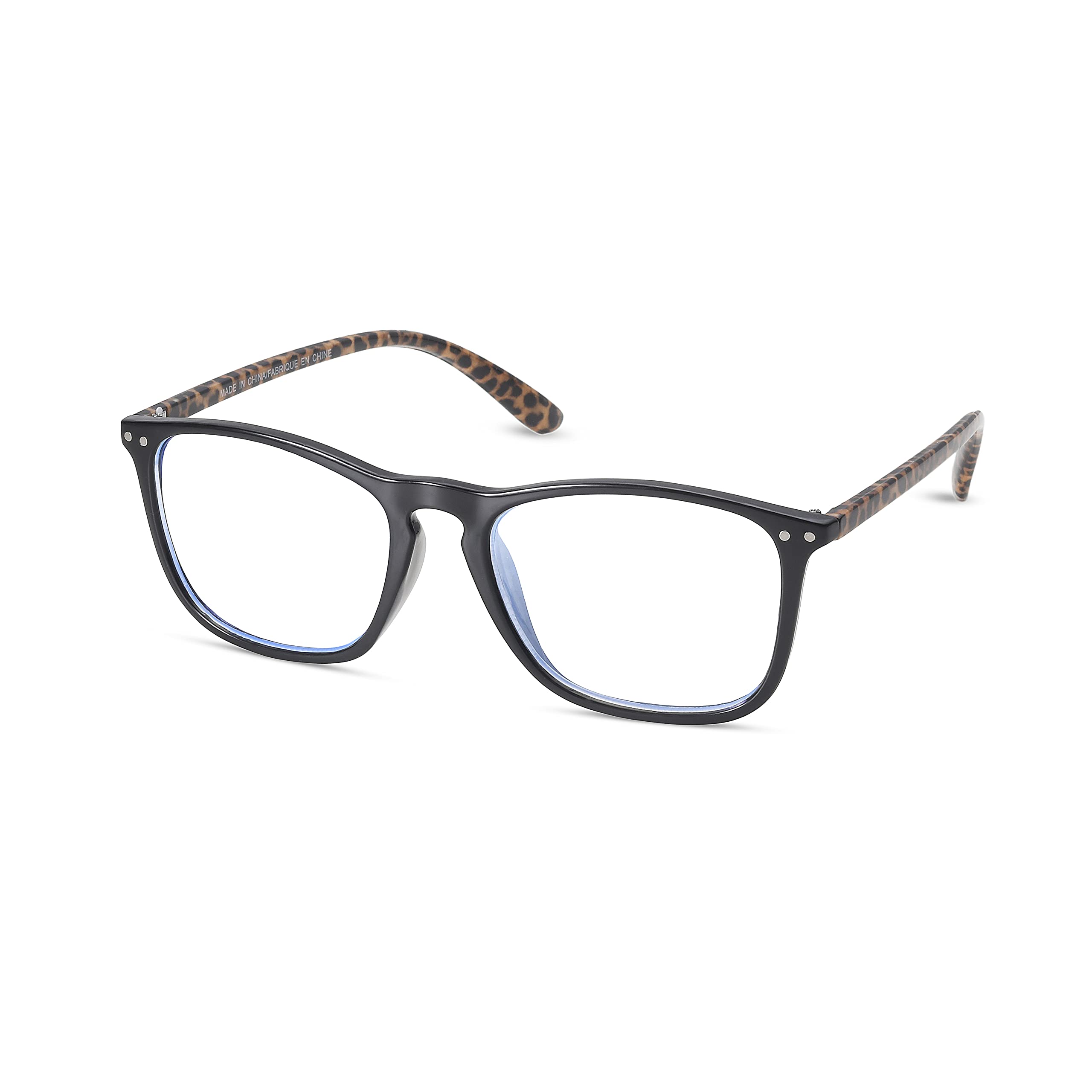 TWELVE Dylan Blue Light Blocking Glasses - UV & Blue Light Filter for Computer & Gaming - Anti-Glare, Non-Prescription Unisex Rectangular Frames (Black Leopard) - Reduce Digital Eye Strain for Work, Study & Screen Time