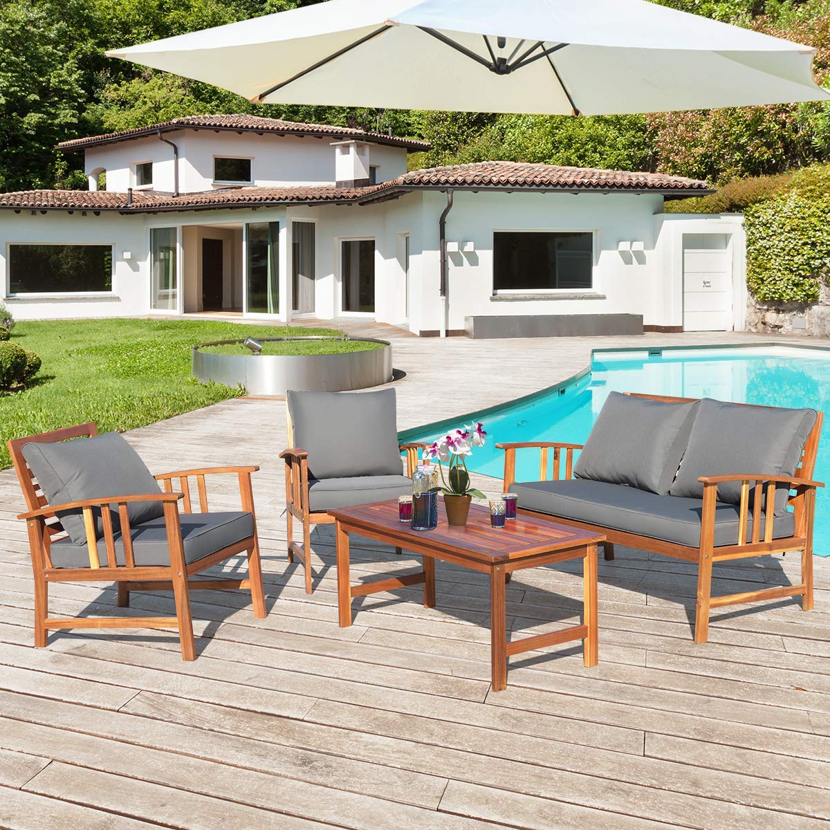 Tangkula 4-Piece Acacia Wood Outdoor Patio Furniture Set with Gray Cushions & Back Pillows - Durable Garden Conversation Set with Coffee Table for Backyard, Poolside, Deck & Patio Relaxation