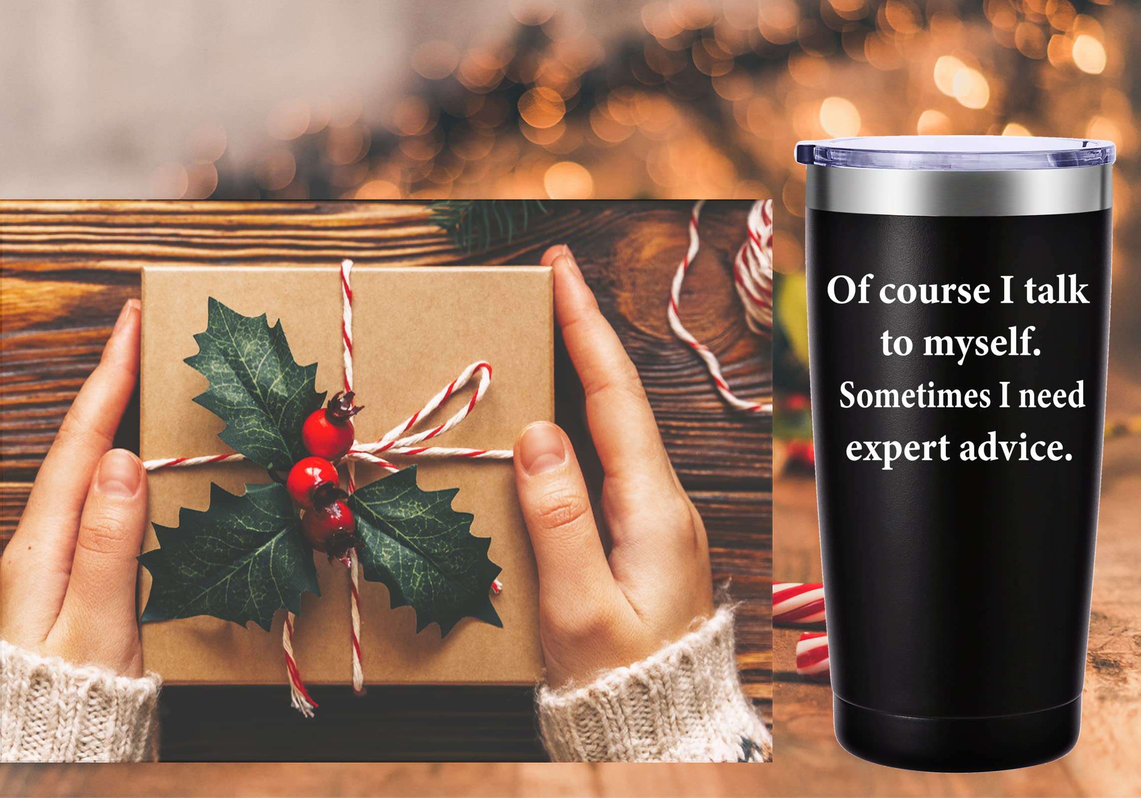 AMZUShome 'Of Course I Talk To Myself' 20oz Travel Mug - Funny Insulated Tumbler with Motivational Quote, Perfect Gift for Mom, Dad, Brother, Sister, Boyfriend, Girlfriend, Husband or Wife - Great for Birthday, Christmas & Everyday Use - Ideal for Coffee, Tea & Hot/Cold Drinks at Home, Office or Commute (Black)