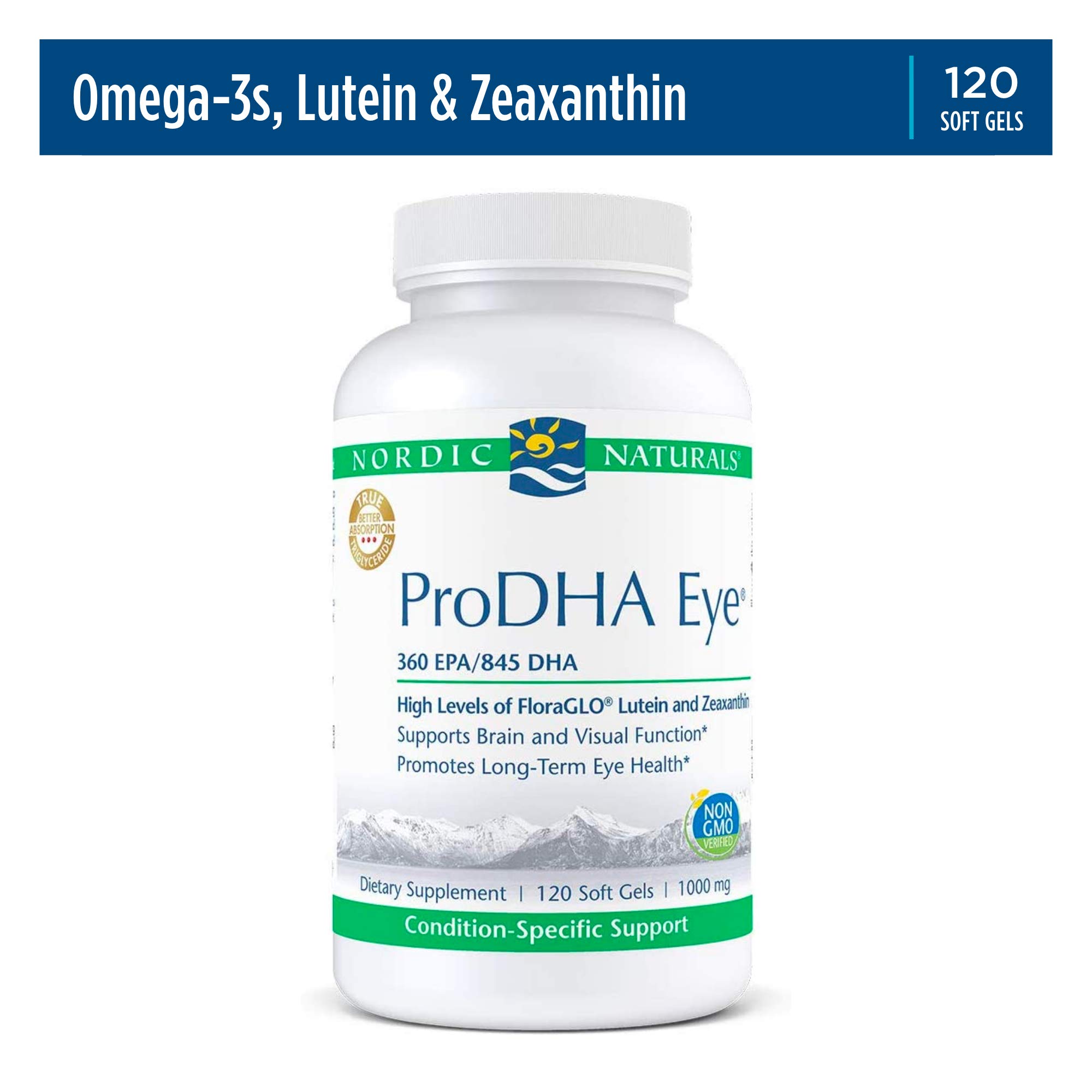 Nordic Naturals ProDHA Eye - Premium Fish Oil Supplement with 360mg EPA & 845mg DHA, Enhanced with 20mg FloraGLO Lutein & 4mg Zeaxanthin for Brain & Eye Health Support - 120 Softgels for Daily Vision & Cognitive Wellness