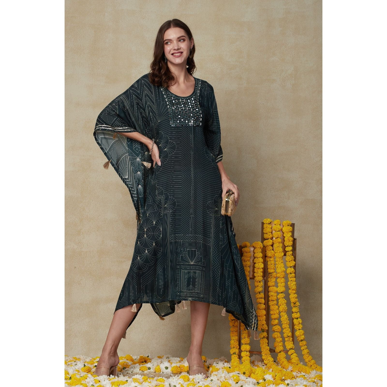 Elegant Dark Green Kaftan Dress with Yolk Embroidery - Boho Chic Loose Maxi Dress for Beach, Vacation & Summer Outfits