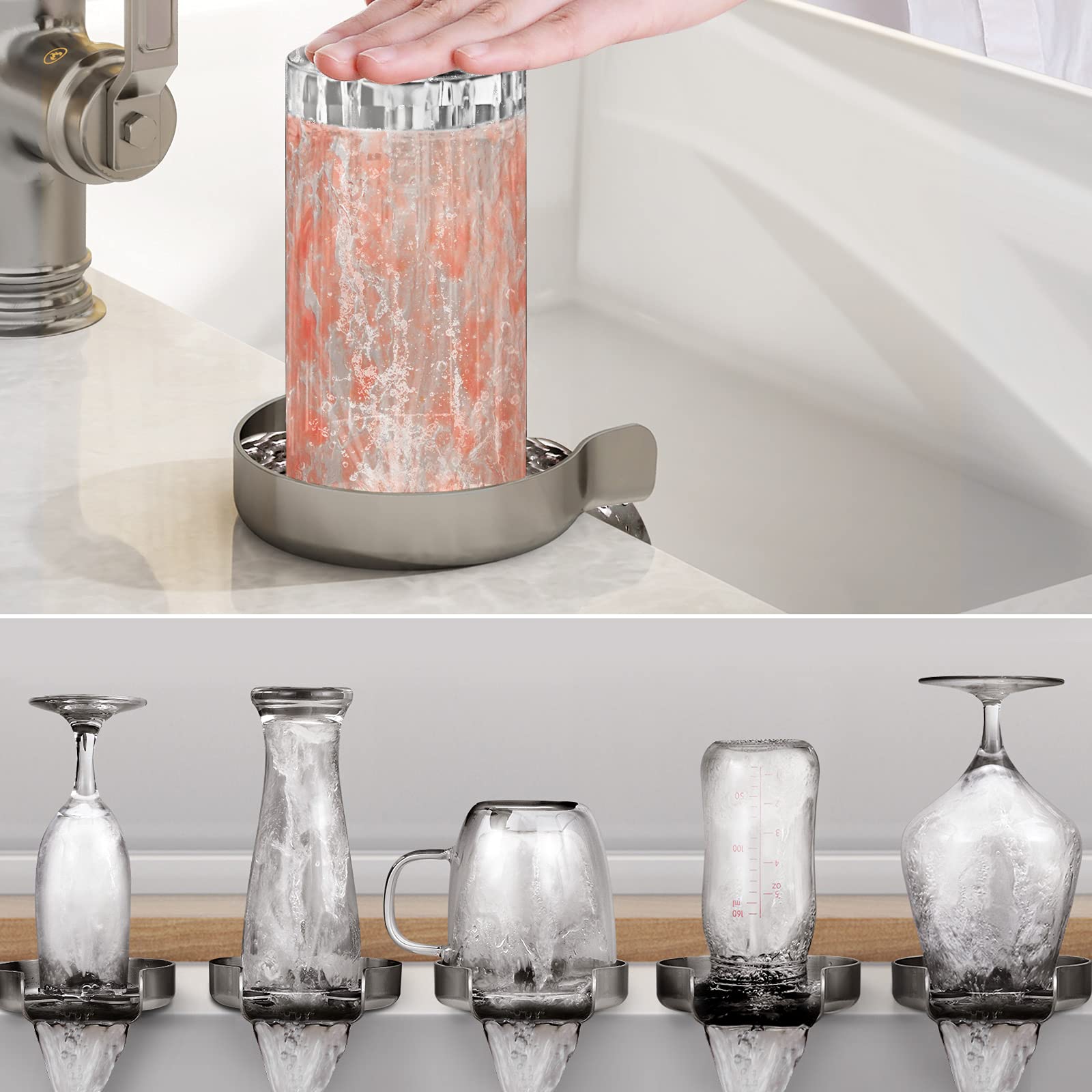 Premium Stainless Steel Glass Rinser & Bottle Washer for Kitchen Sinks - Brushed Nickel Finish | Ideal for Washing Wine Glasses, Baby Bottles & Kitchen Utensils | Durable Sink Accessory