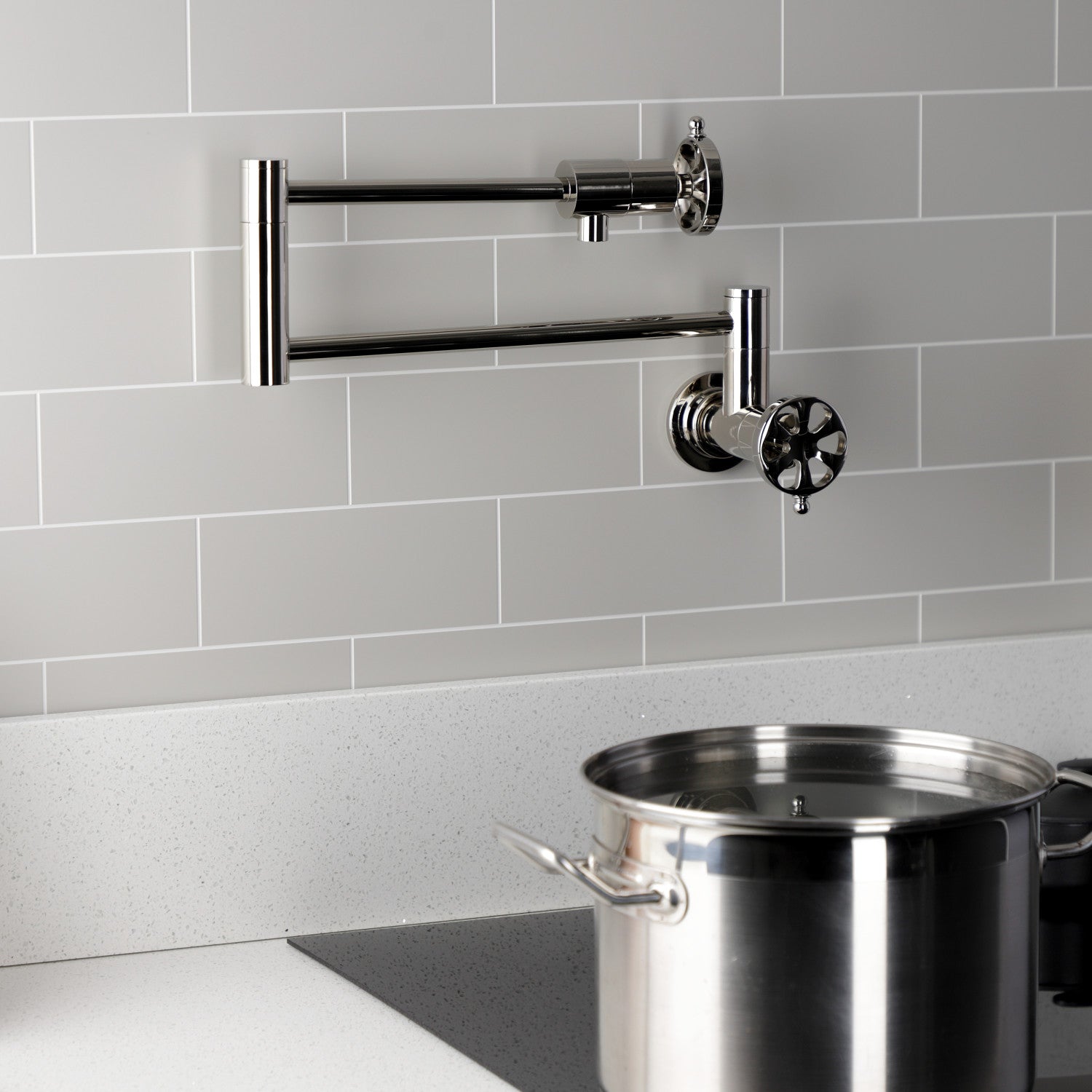 Belknap KS4106RX Two Handle Wall Mount Pot Filler Faucet - Polished Nickel Finish - Ideal for Kitchen Sink, Stove & Cooking Area