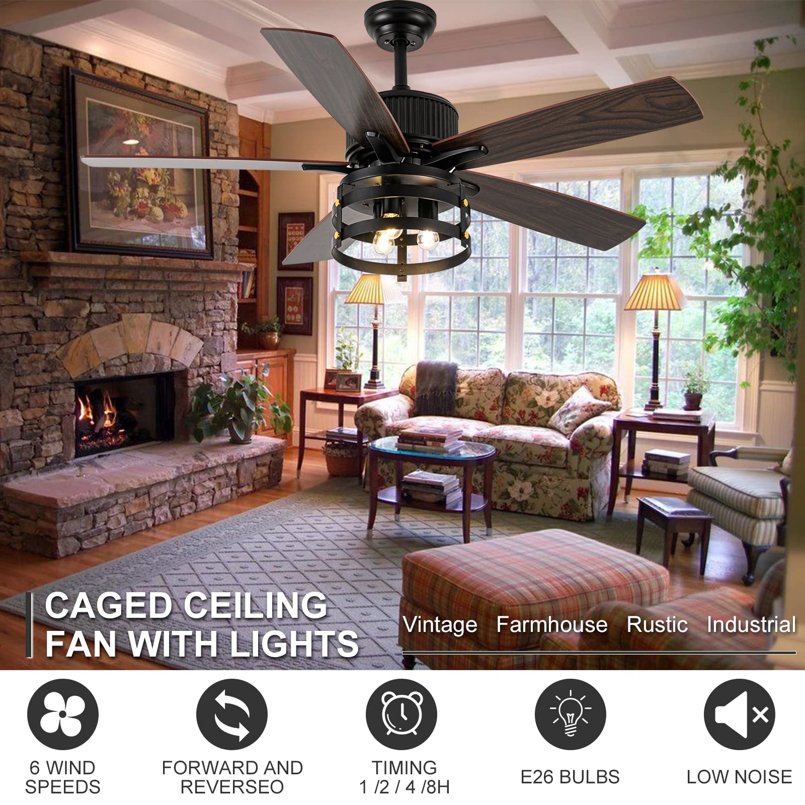 52 Inch Farmhouse Rustic Ceiling Fan with Lights - Industrial Style Outdoor/Indoor Reversible Fan with Large Airflow, Dual Finish Blades & Timer - Perfect for Patio, Living Room, Bedroom and Covered Porch