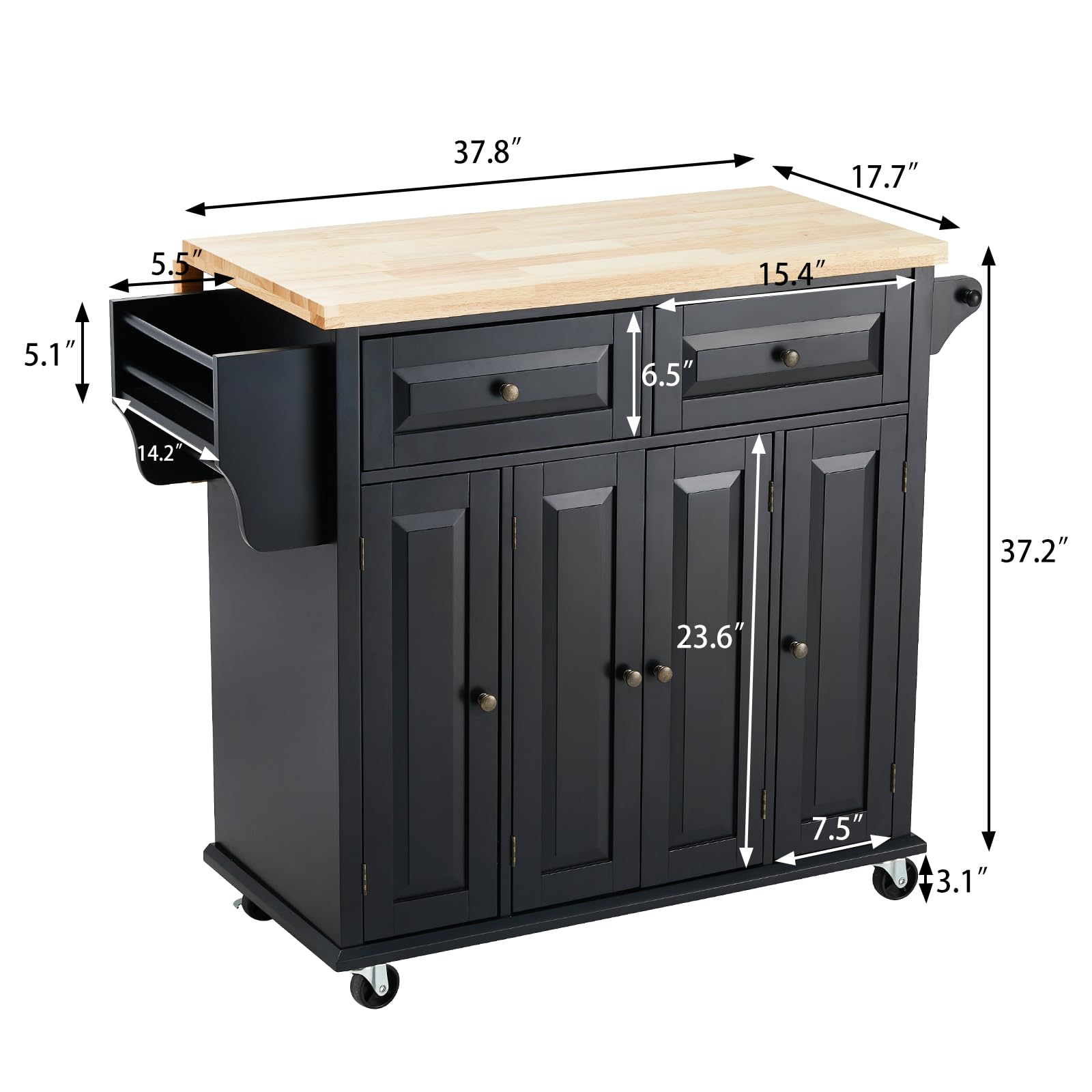 AVAWING Kitchen Island with Drop-Leaf Tabletop - 2 Drawers, Lockable Wheels, Spice & Towel Rack - Rubber Wood Kitchen Cart for Storage & Dining Room - Black | Perfect for Small Kitchens, Breakfast Nooks & Extra Counter Space