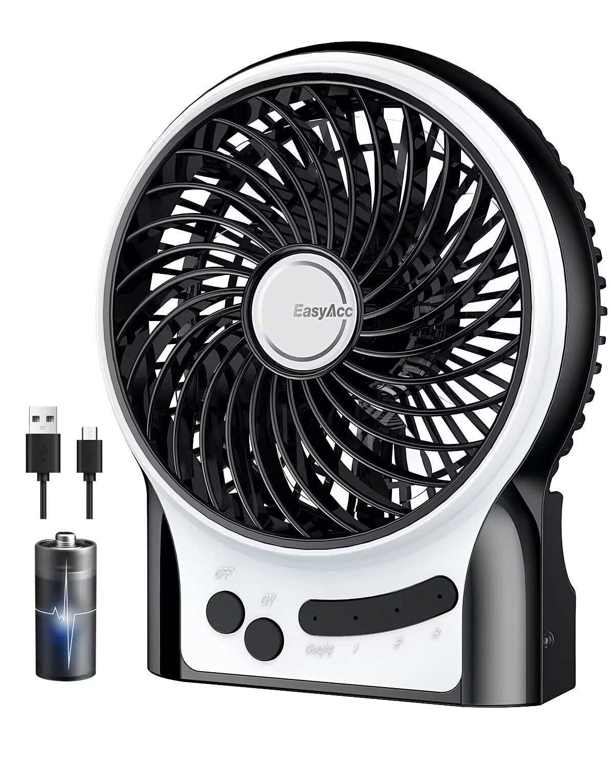 EasyAcc Rechargeable Battery Fan - Portable Handheld Mini USB Fan with 3 Speed Settings & Built-in Light for Travel, Camping, Fishing - Personal Cooling Fan for Outdoor Activities, Office, Home Use - Black