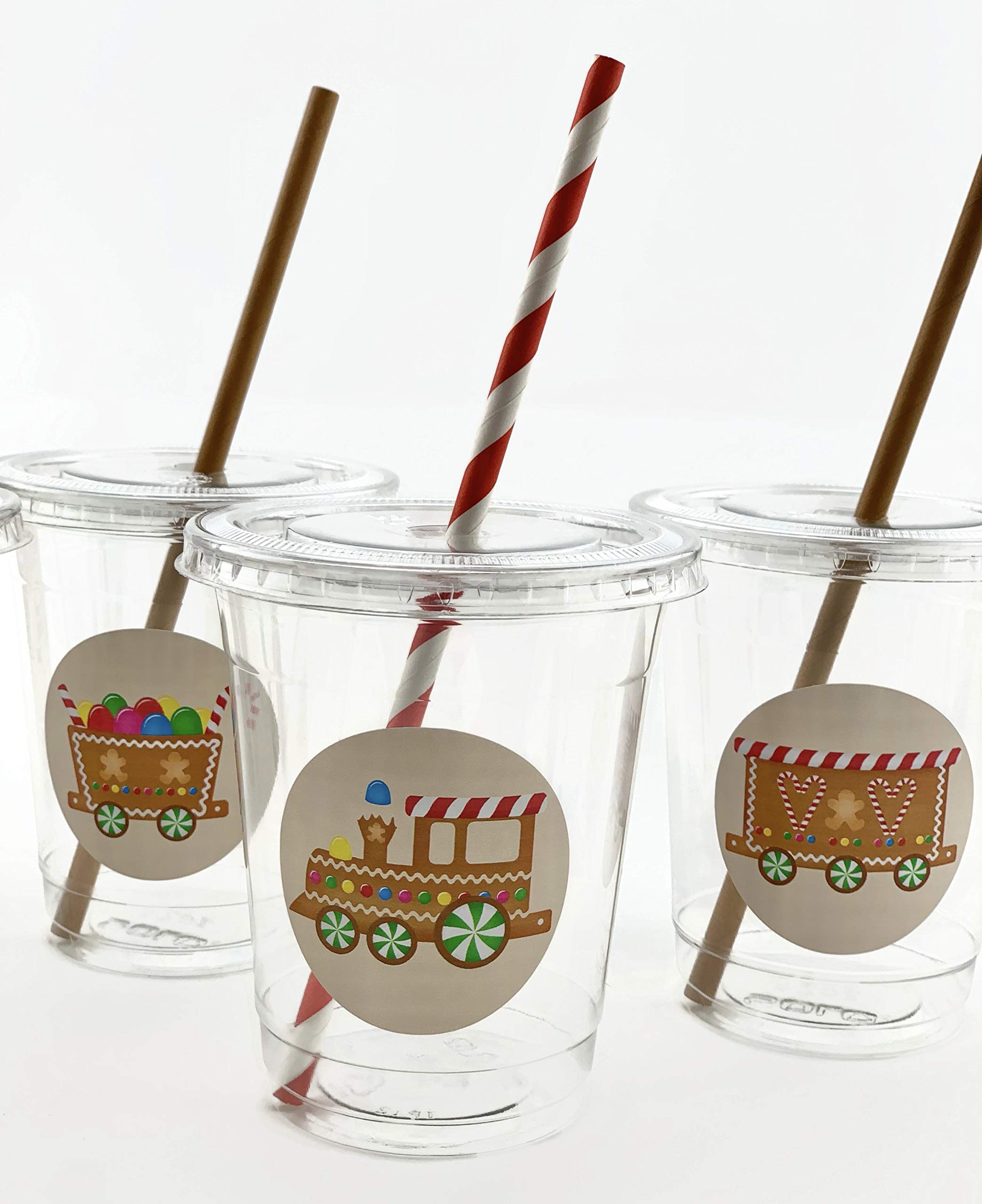 Gingerbread Train Christmas Party Cups with Lids and Straws - 12 Pack | Holiday Drinkware for Festive Gatherings, Kids Christmas Parties & Hot Cocoa Serving