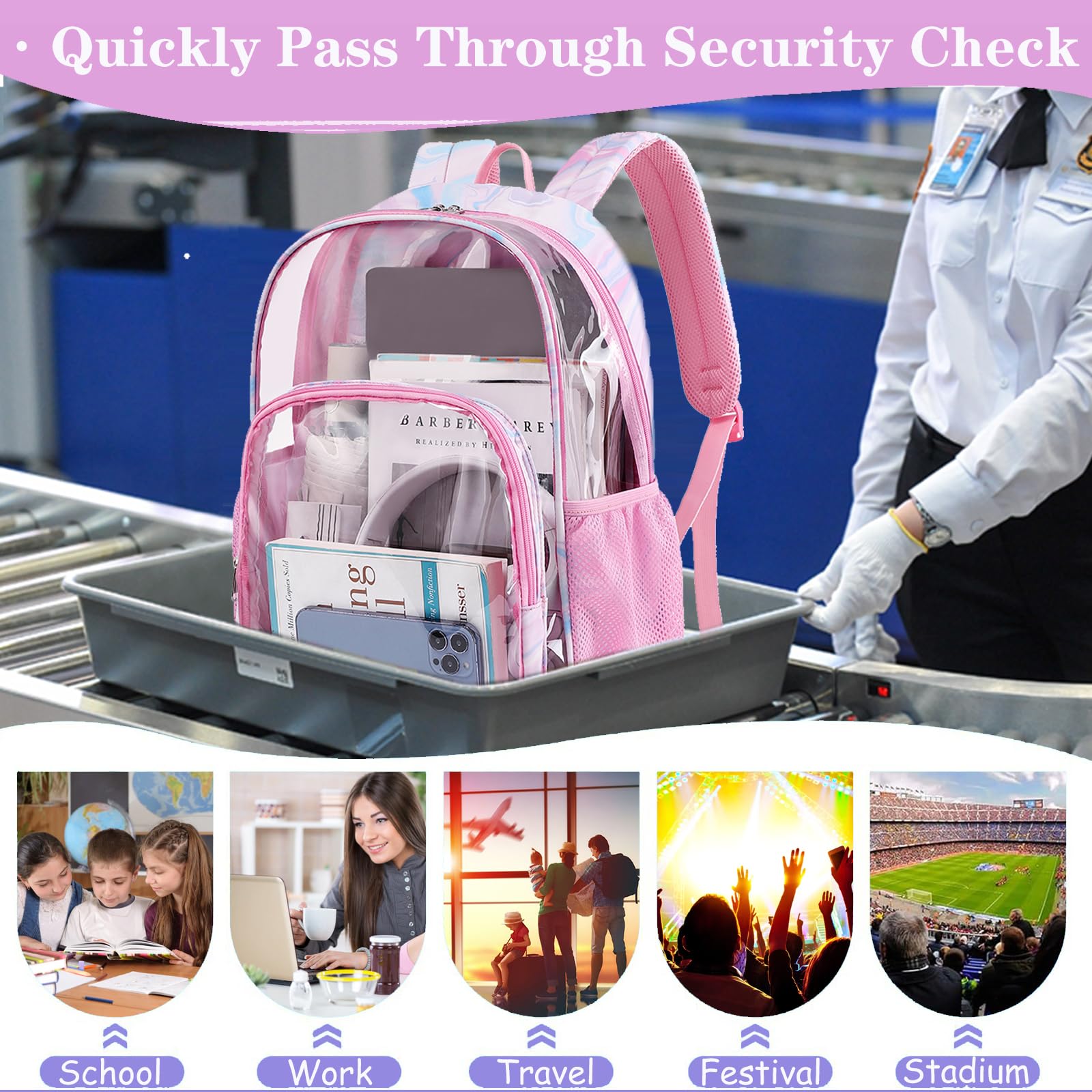Clear Backpack for School - Heavy Duty TPU Transparent Bookbag for Girls & Teens, Large Capacity Waterproof Pink Backpack for College, Travel, Work & Security Check