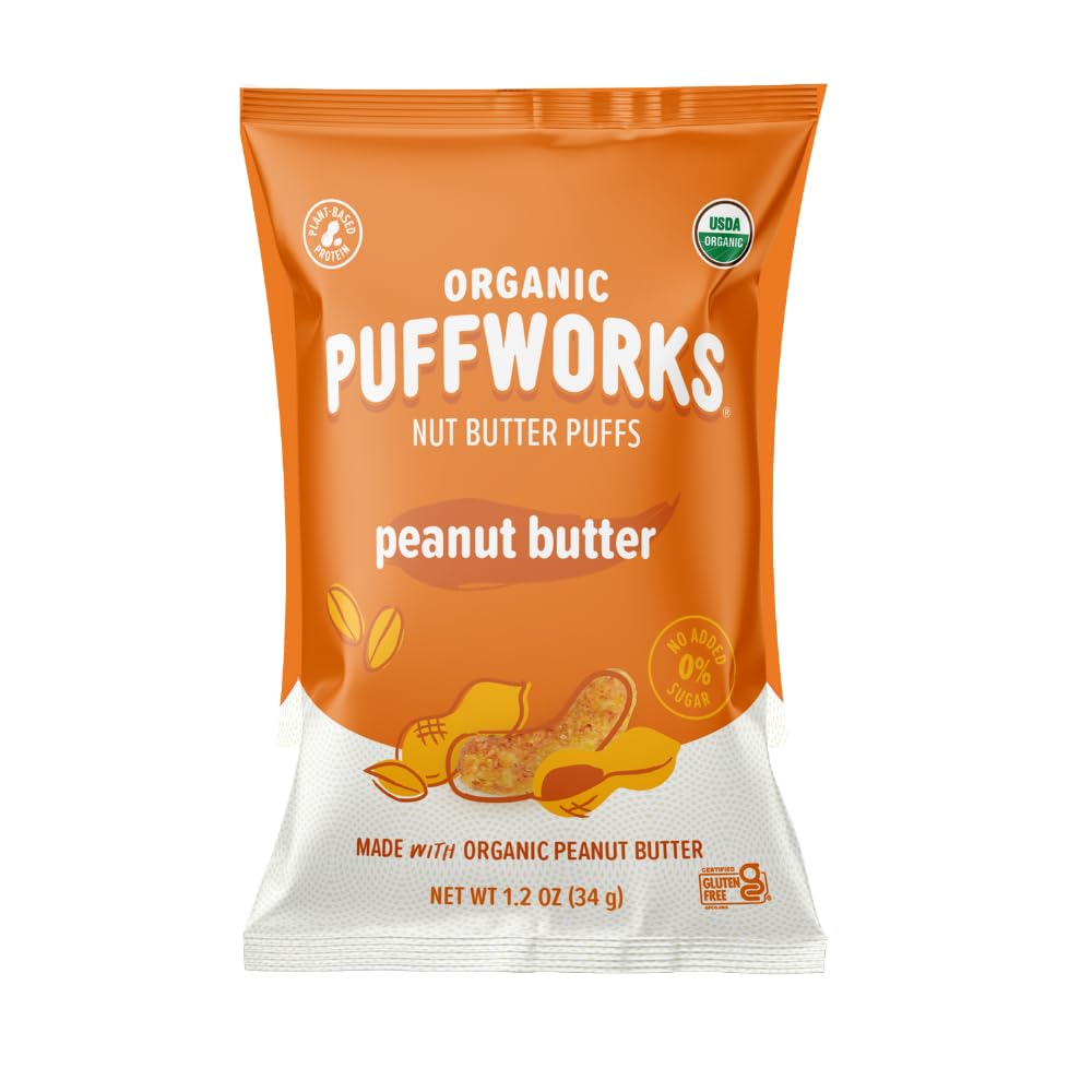 Organic Peanut Butter Puffs by Puffworks - 1.2oz (6-Pack) | Vegan, Gluten-Free, Kosher Snack | Plant-Based Protein for Kids & Adults | Perfect for Lunchboxes, Hiking & On-the-Go Snacking