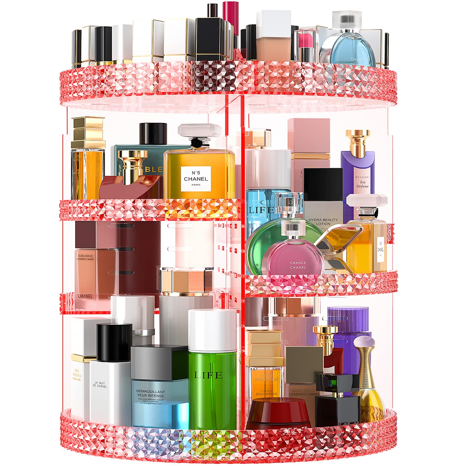 360-Degree Pink Makeup Organizer Carousel - 7-Tier Acrylic Vanity Organizer for Brushes, Lipsticks & Cosmetics | Perfect for Bathroom Counter, Dressing Table & Large Makeup Collections