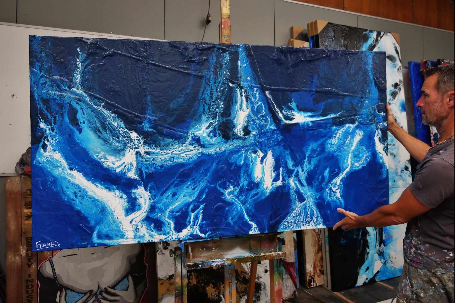 Midnight Sapphire 190cm x 100cm Blue White Textured Abstract Canvas Art - Modern Wall Decor for Living Room, Bedroom & Office
