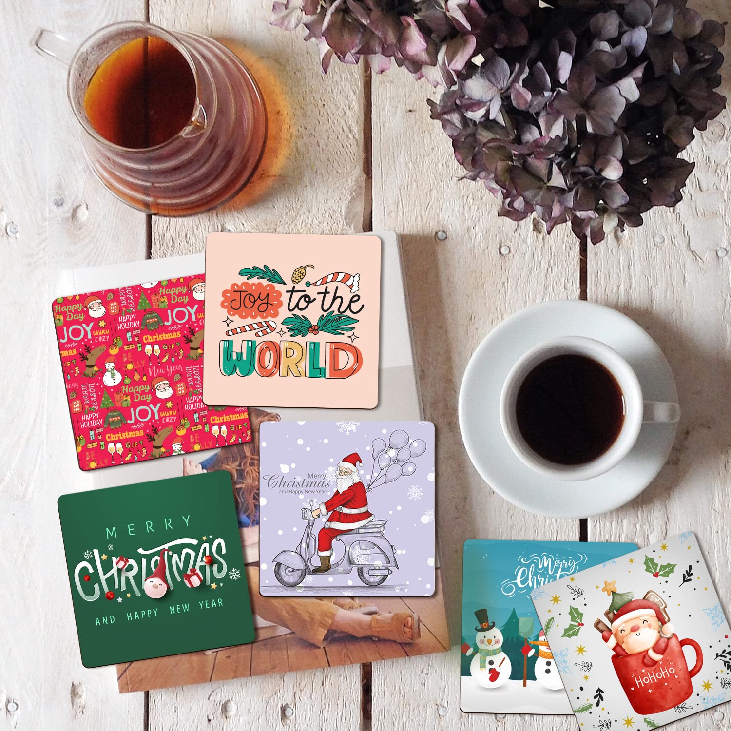 Premium Christmas Designer Printed Coasters - Set of 6 Square MDF Wood Coasters for Dining Table, Desk & Home Decor | Holiday Party, Gift & Festive Dining Accessories