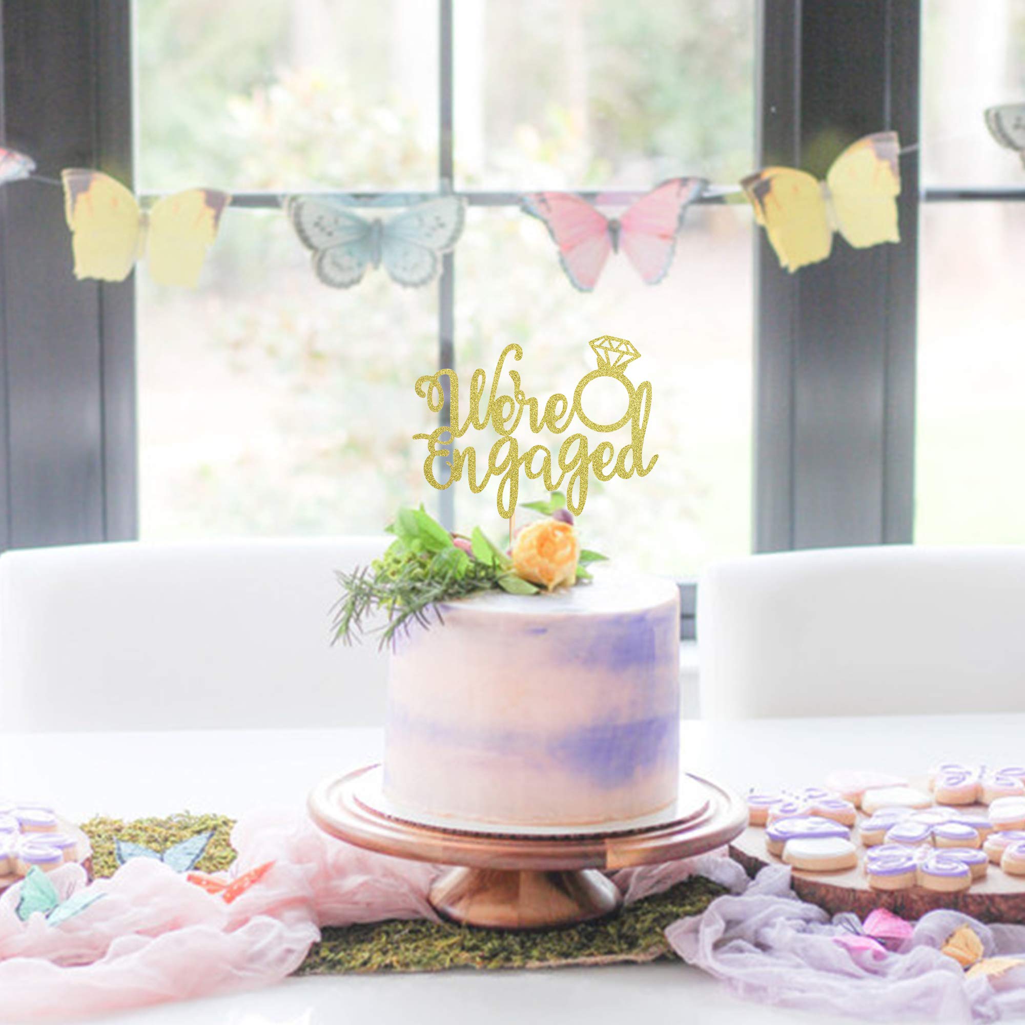 Ercadio Gold Glitter 'We're Engaged' Cake Topper - Wedding Engagement Cake Decor for Bridal Shower, Bachelorette Party & Anniversary Celebrations
