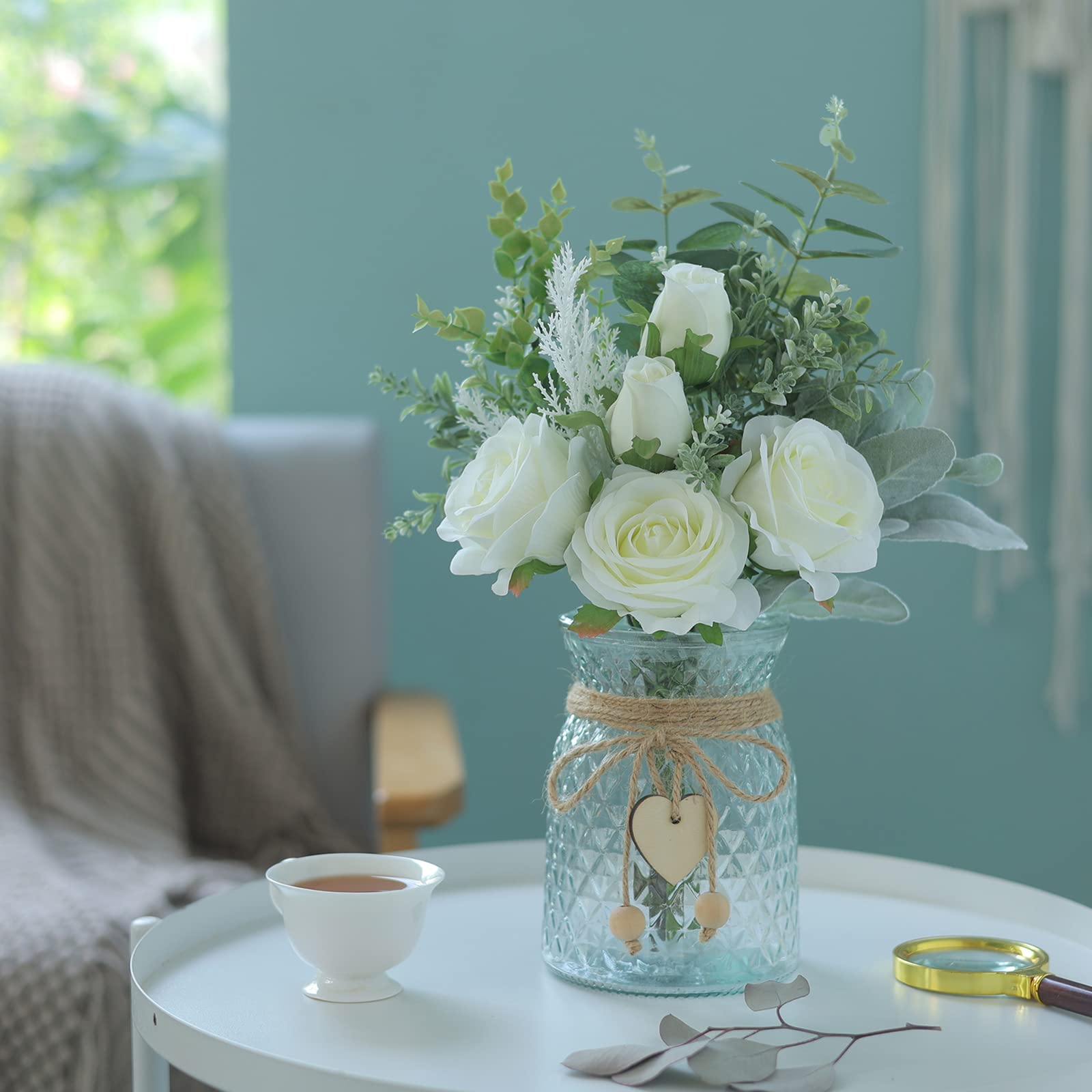 Artificial Silk Roses in Vase - Home & Office Decor for Farmhouse, Bathroom, Dining Table