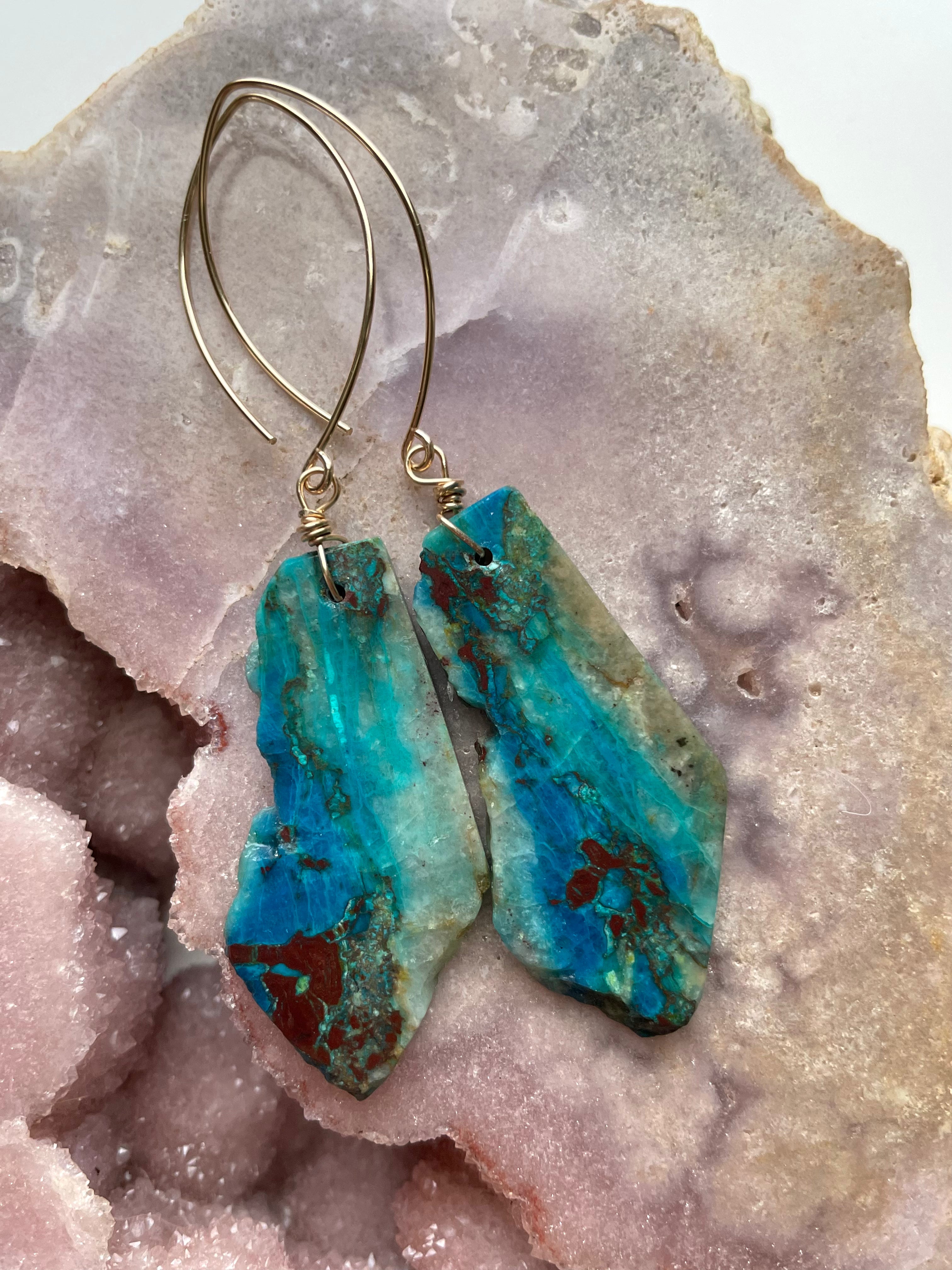 Chrysocolla Gold Filled Statement Crystal Gemstone Earrings for Women | Elegant Bohemian Jewelry | Perfect for Parties, Weddings & Special Occasions