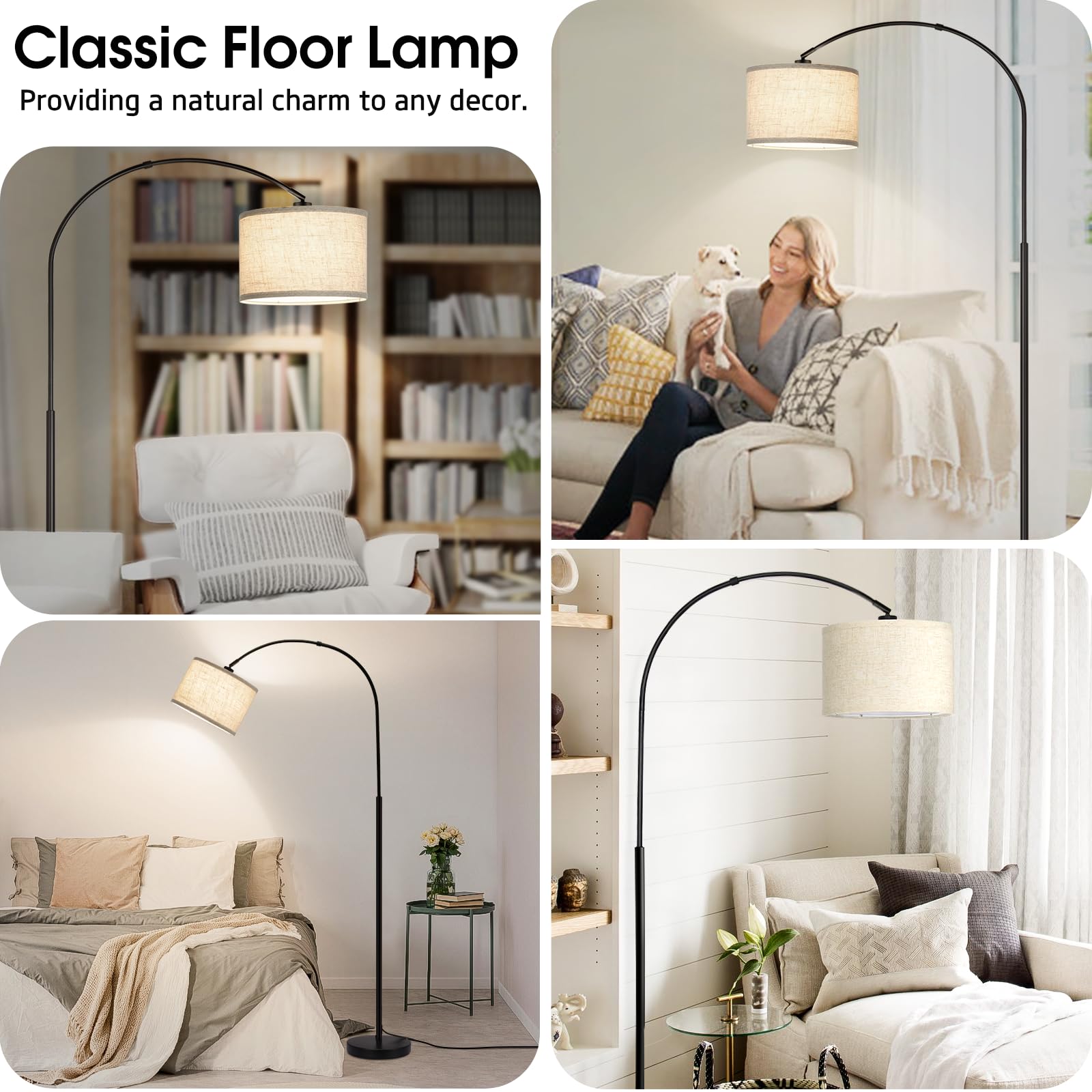 Dimmable Arc Floor Lamp with Adjustable Hanging Shade - 9W LED Bulb Included - Modern Black Standing Lamp for Living Room, Bedroom - Perfect Over Couch Tall Reading Light & Ambient Lighting