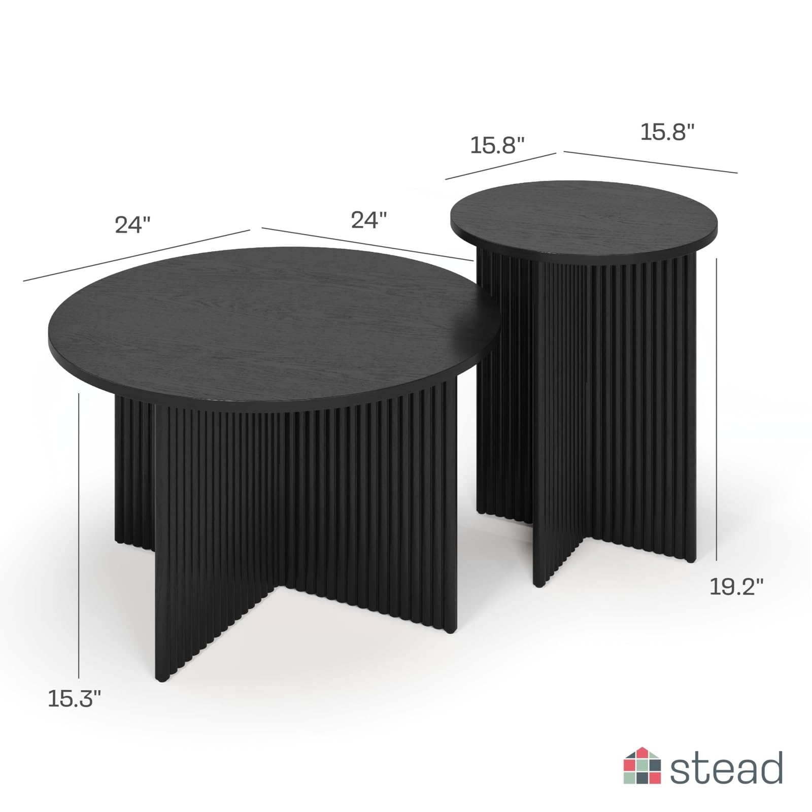 Round Fluted Nesting Coffee Tables Set of 2 - Modern Solid Wood Base & Wood Grain Veneer Top Drink Tables - Blackened Oak Home Decor for Living Room - Perfect for Small Spaces & Entertaining Guests