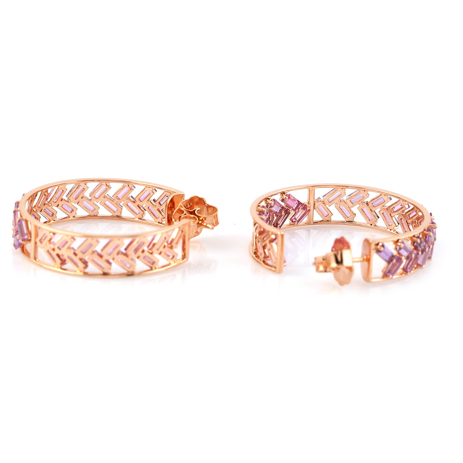 Rose Gold Geometric Hoop Earrings with Pink Sapphire Baguette Stones - Elegant Women's Jewelry for Parties, Weddings & Special Occasions
