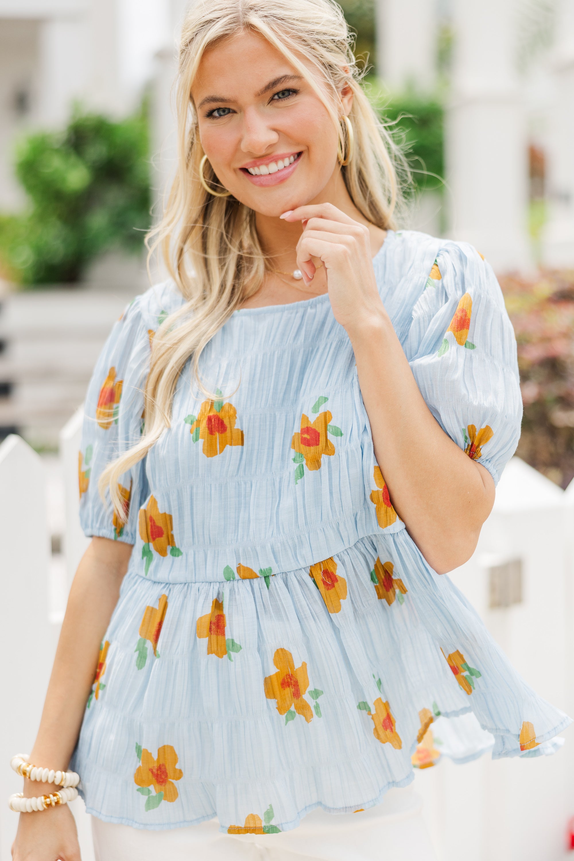 Floral Dreams Light Blue Textured Blouse for Women | Elegant Floral Print Top | Casual & Office Wear | Perfect for Spring Outfits & Summer Dresses
