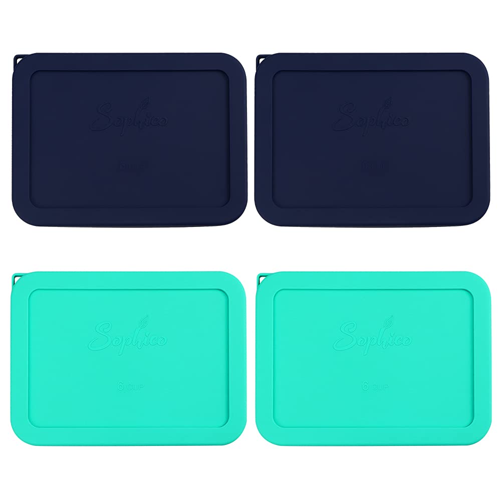 Sophico 6-Cup Rectangle Silicone Storage Cover Lids - Replacement for Pyrex 7211-PC Glass Bowls (Navy Blue & Mint) - Perfect for Food Storage, Meal Prep, and Refrigerator Organization - Container Not Included